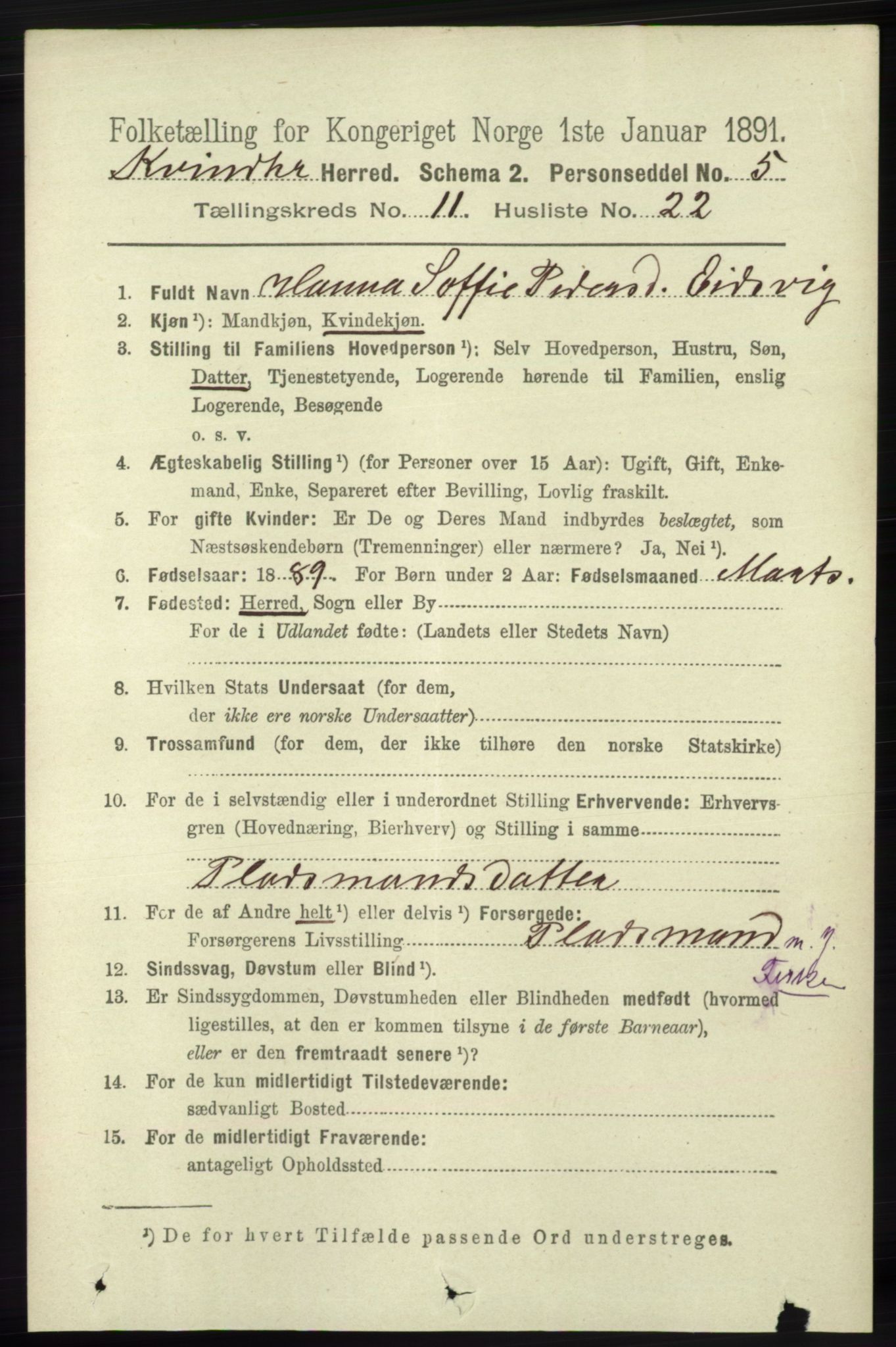 RA, 1891 census for 1224 Kvinnherad, 1891, p. 3916