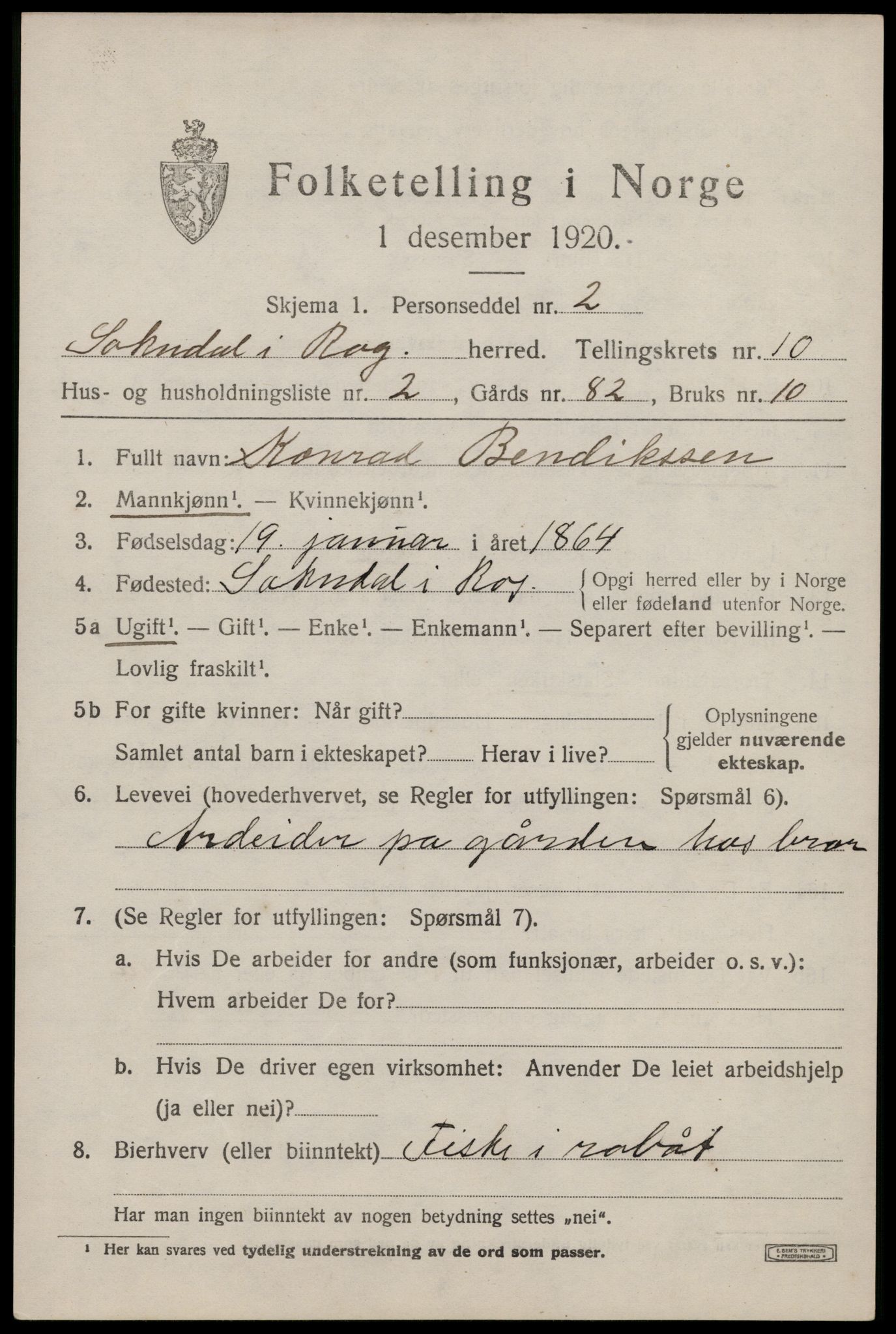 SAST, 1920 census for Sokndal, 1920, p. 5725