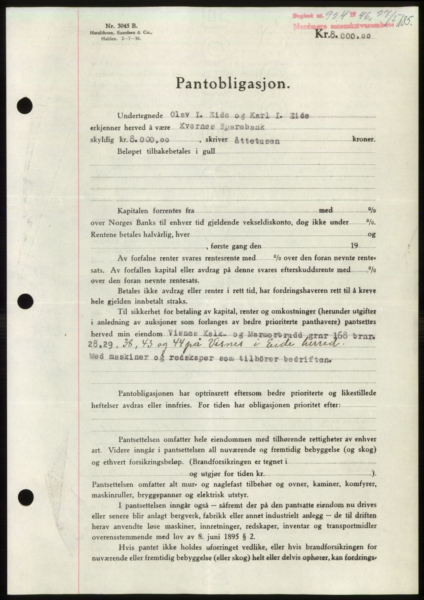 Nordmøre sorenskriveri, AV/SAT-A-4132/1/2/2Ca: Mortgage book no. B94, 1946-1946, Diary no: : 924/1946