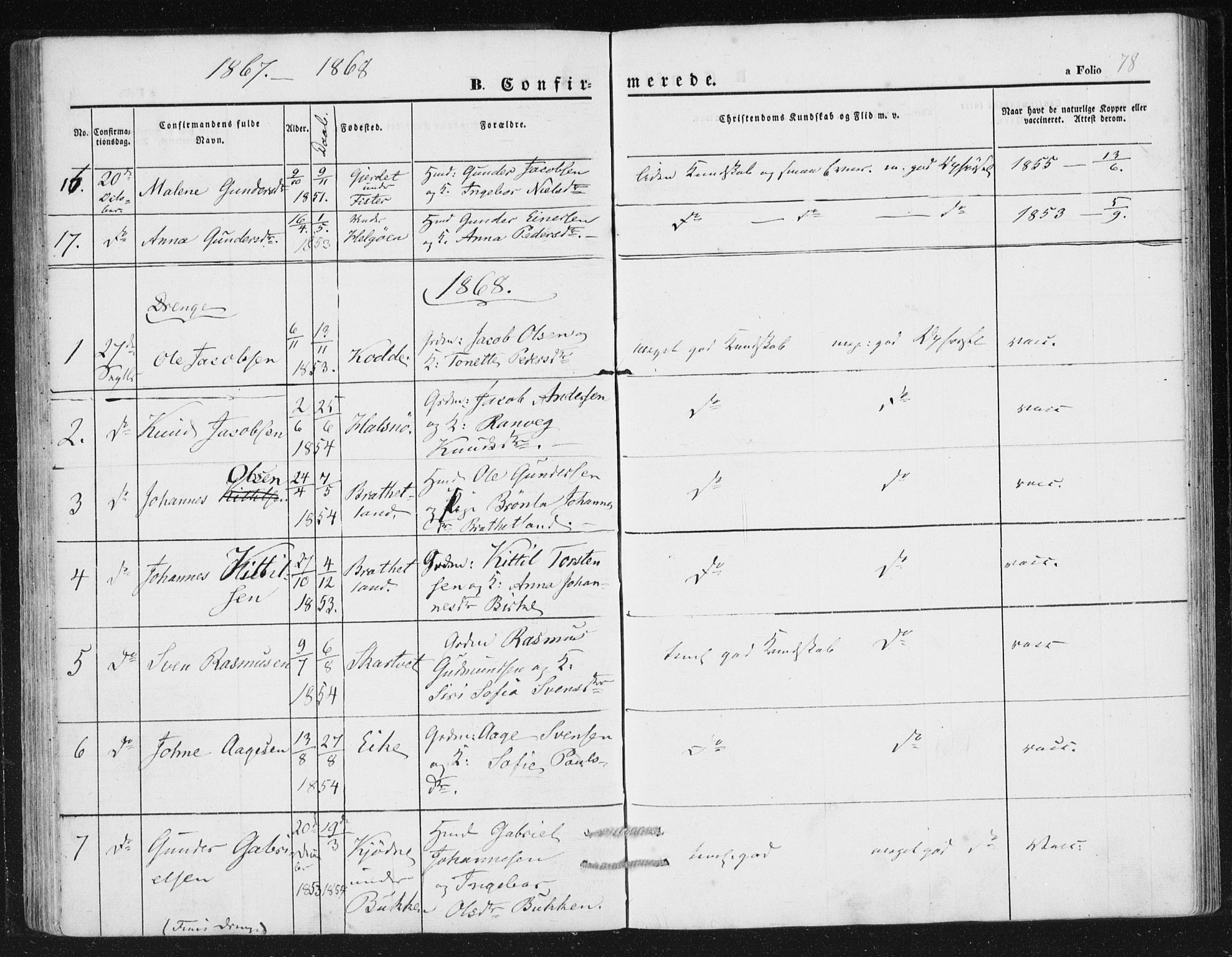 Hjelmeland sokneprestkontor, AV/SAST-A-101843/01/IV/L0010: Parish register (official) no. A 10, 1851-1871, p. 78