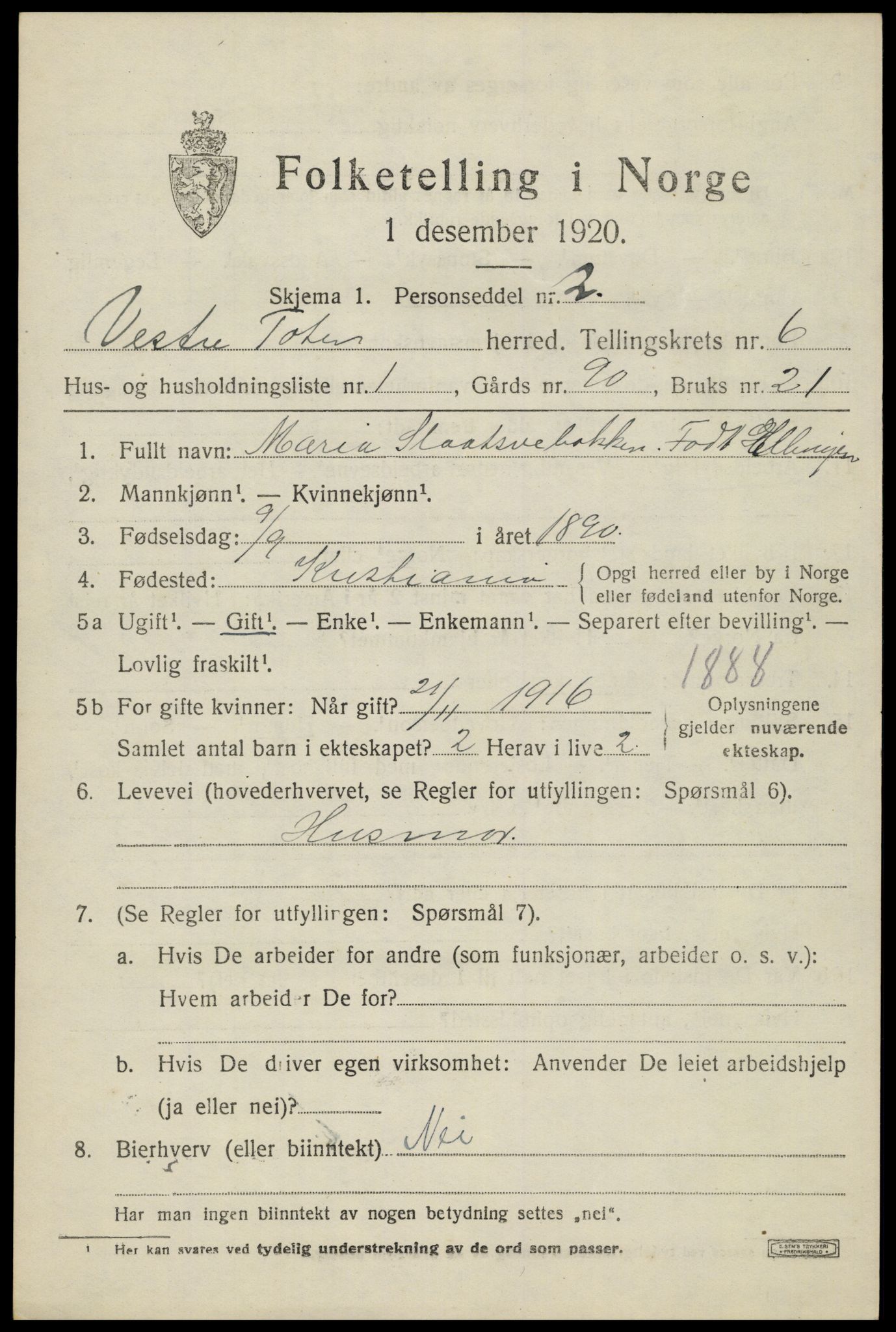 SAH, 1920 census for Vestre Toten, 1920, p. 8186