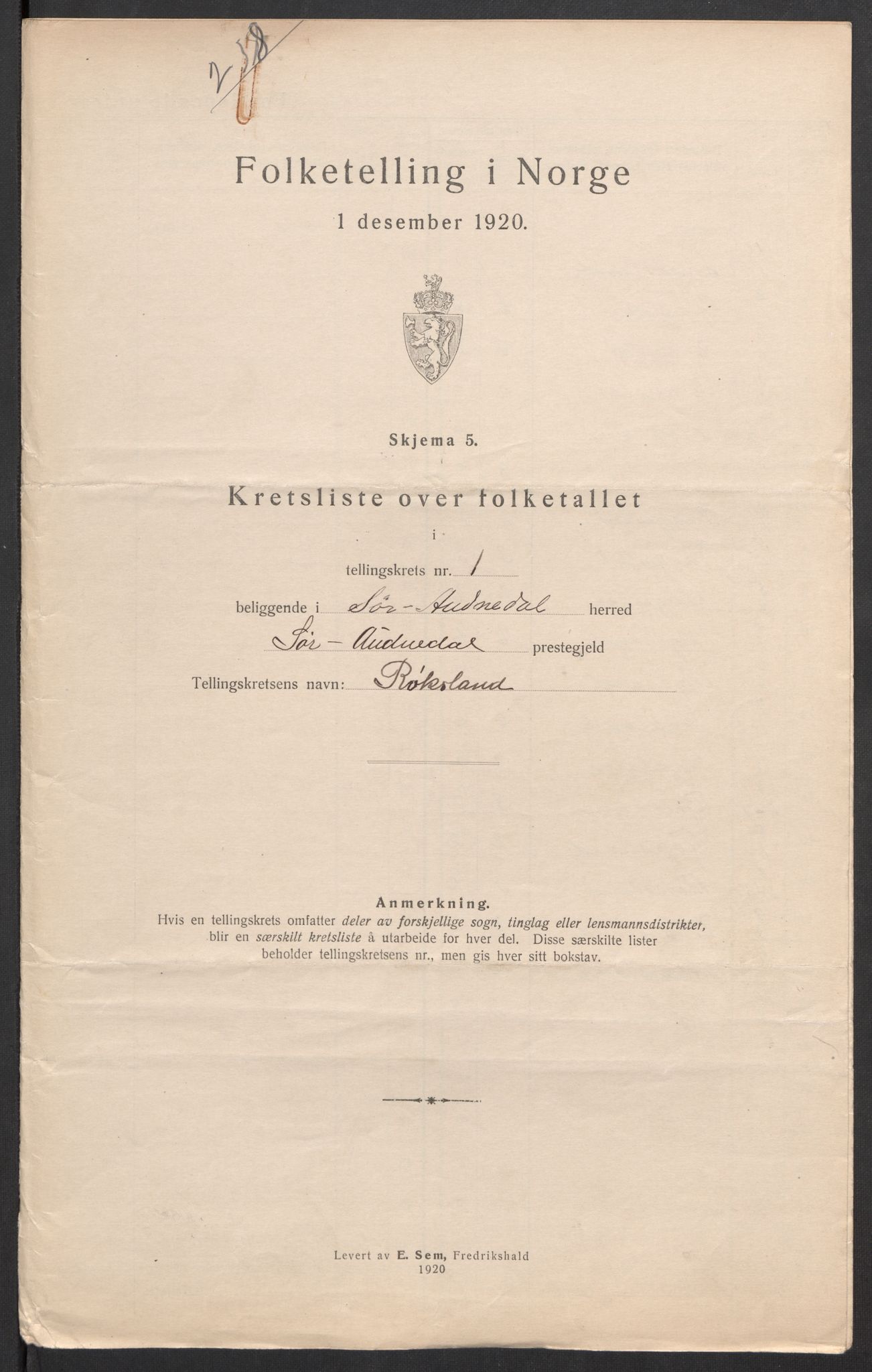 SAK, 1920 census for Sør-Audnedal, 1920, p. 19