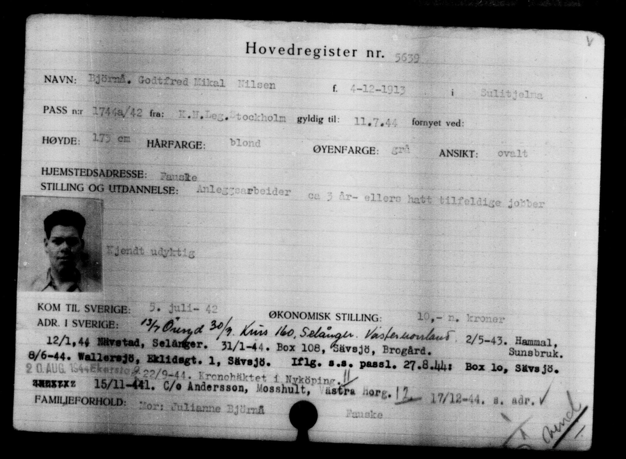 Utenriksstasjonene, Legasjonen i Stockholm, Flyktningkontoret, AV/RA-S-6753/V/Va/L0004: Kjesäterkartoteket, flyktninger med registreringsnr. 3496-6610, 1940-1945, p. 2482