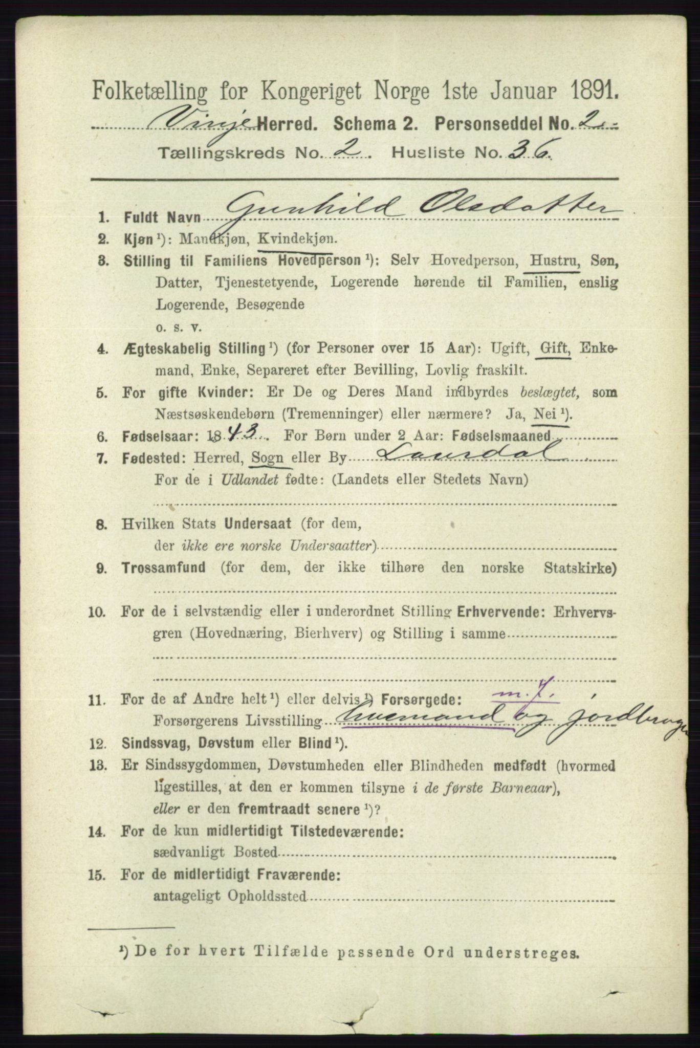 RA, 1891 census for 0834 Vinje, 1891, p. 593