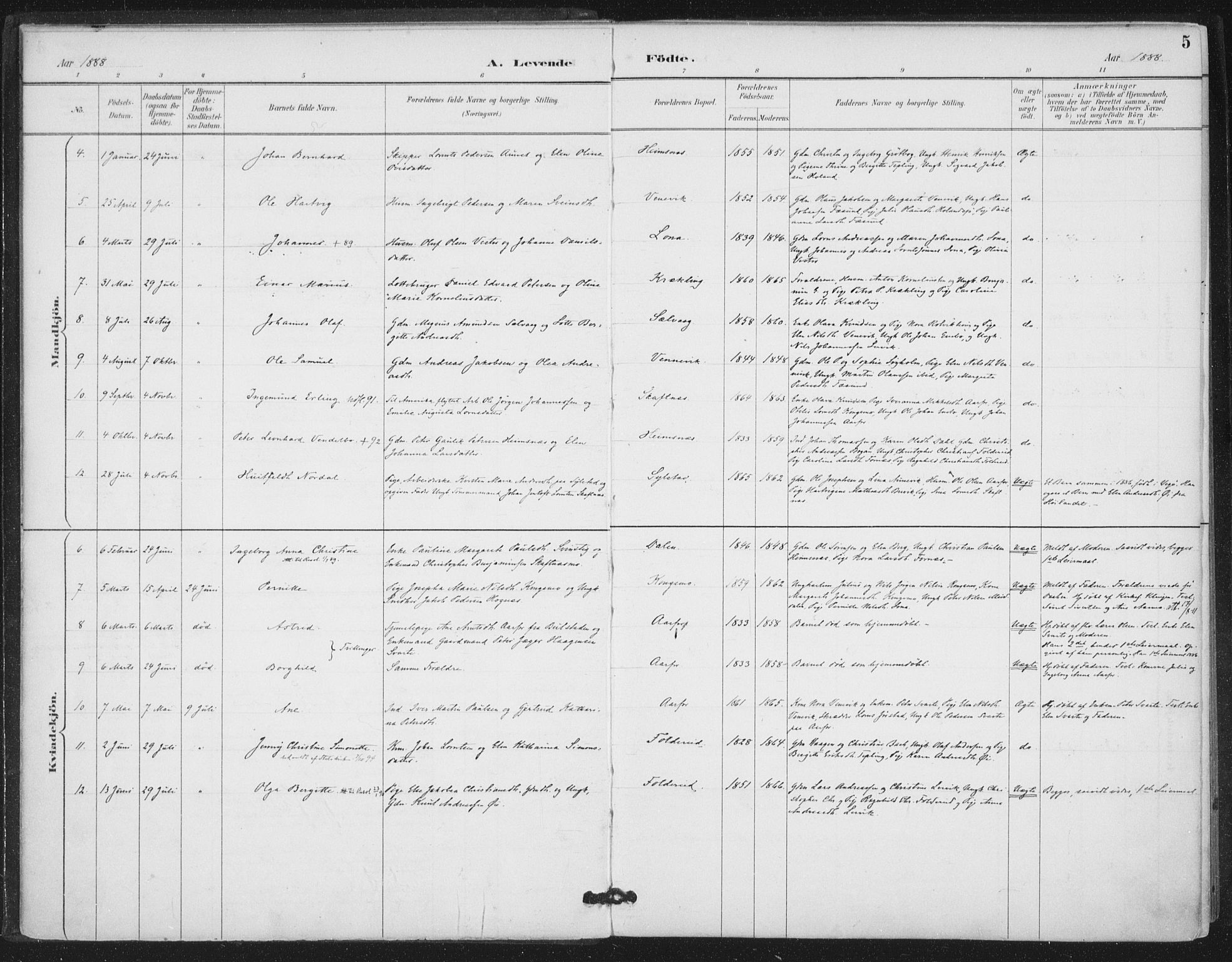Ministerialprotokoller, klokkerbøker og fødselsregistre - Nord-Trøndelag, SAT/A-1458/783/L0660: Parish register (official) no. 783A02, 1886-1918, p. 5