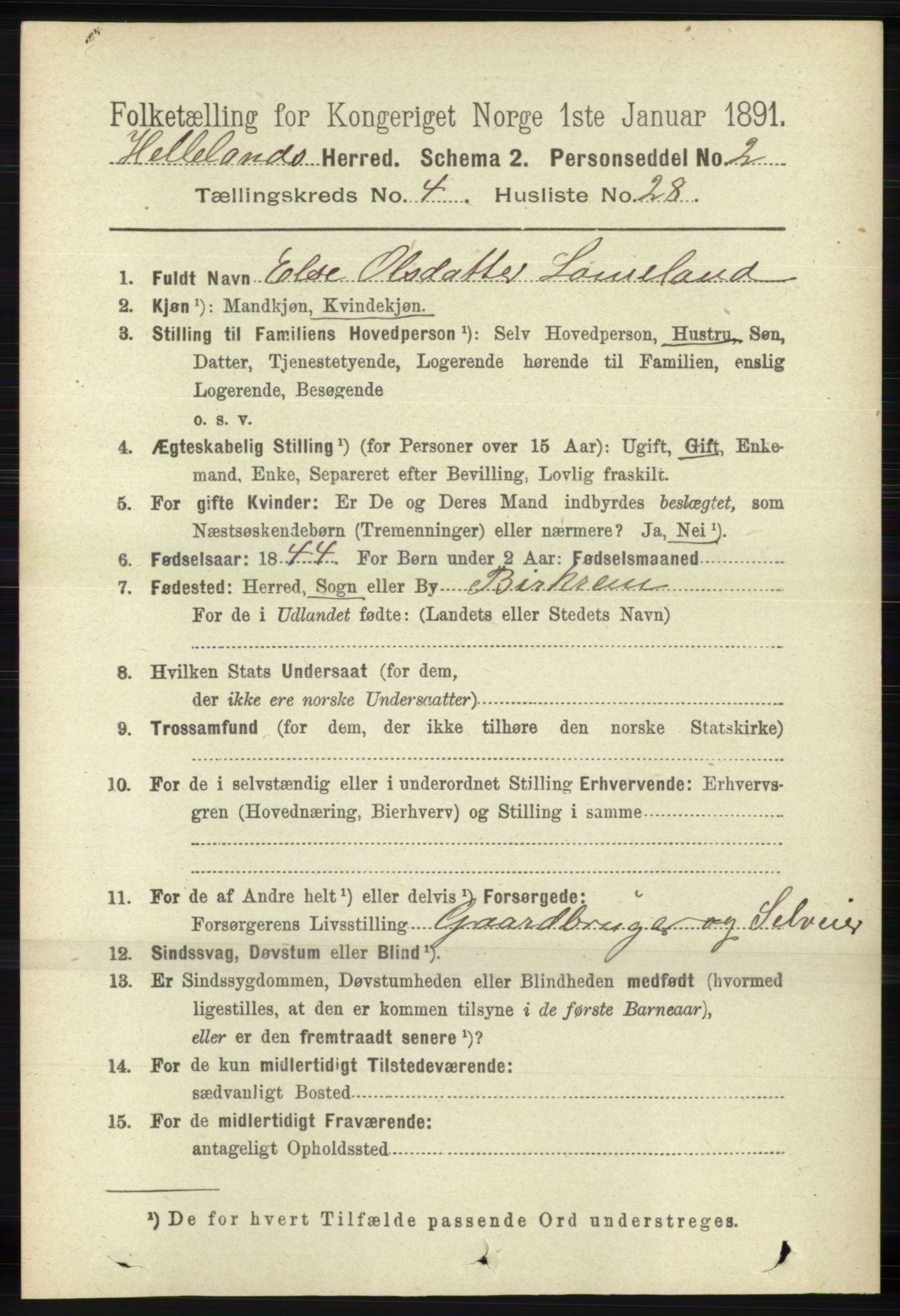 RA, 1891 census for 1115 Helleland, 1891, p. 1327