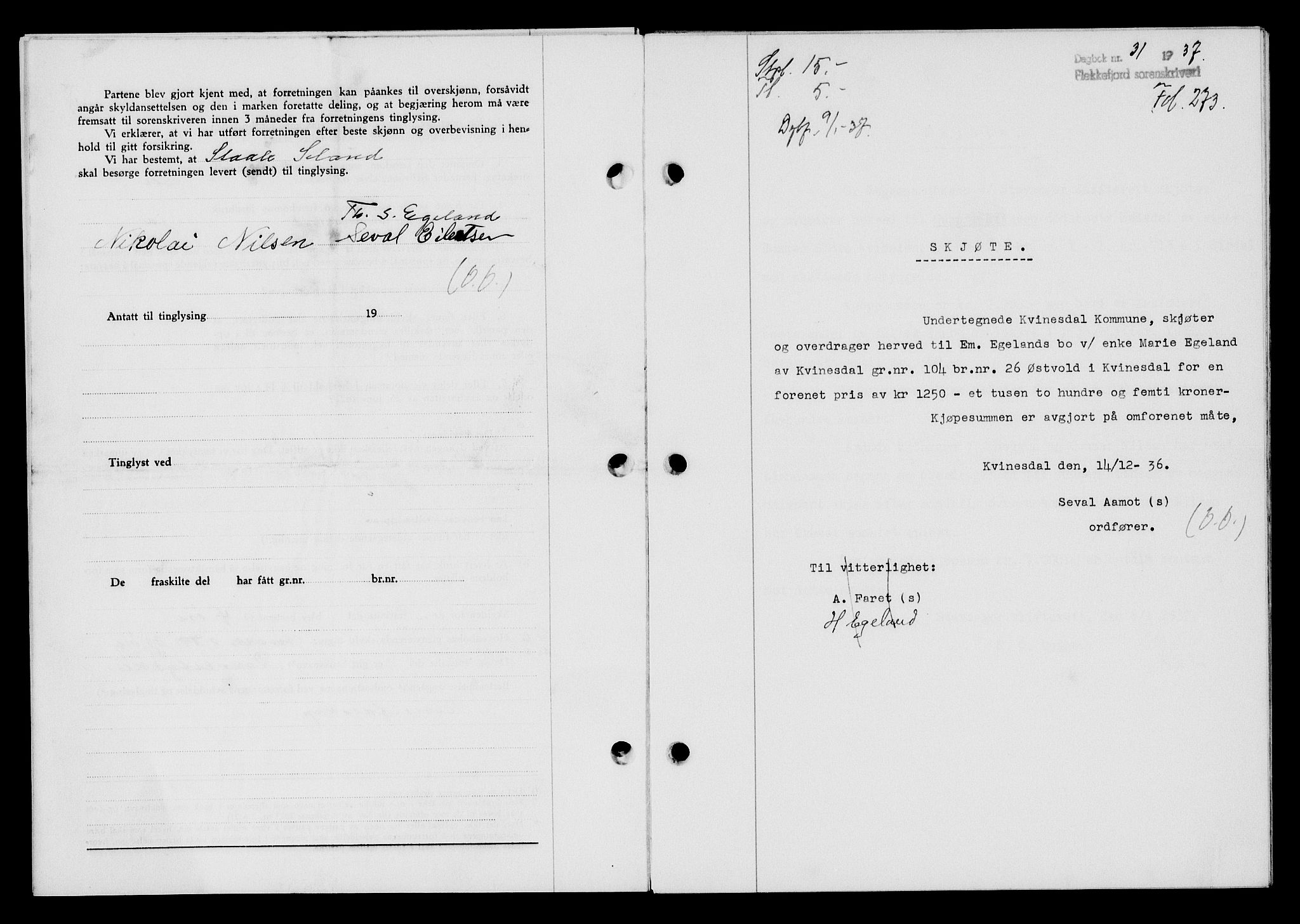 Flekkefjord sorenskriveri, SAK/1221-0001/G/Gb/Gba/L0053: Mortgage book no. A-1, 1936-1937, Diary no: : 31/1937