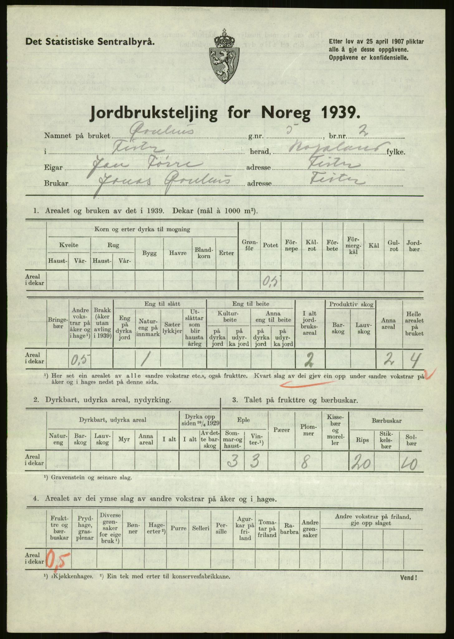 Statistisk sentralbyrå, Næringsøkonomiske emner, Jordbruk, skogbruk, jakt, fiske og fangst, AV/RA-S-2234/G/Gb/L0184: Rogaland: Årdal, Fister og Hjelmeland, 1939, p. 67