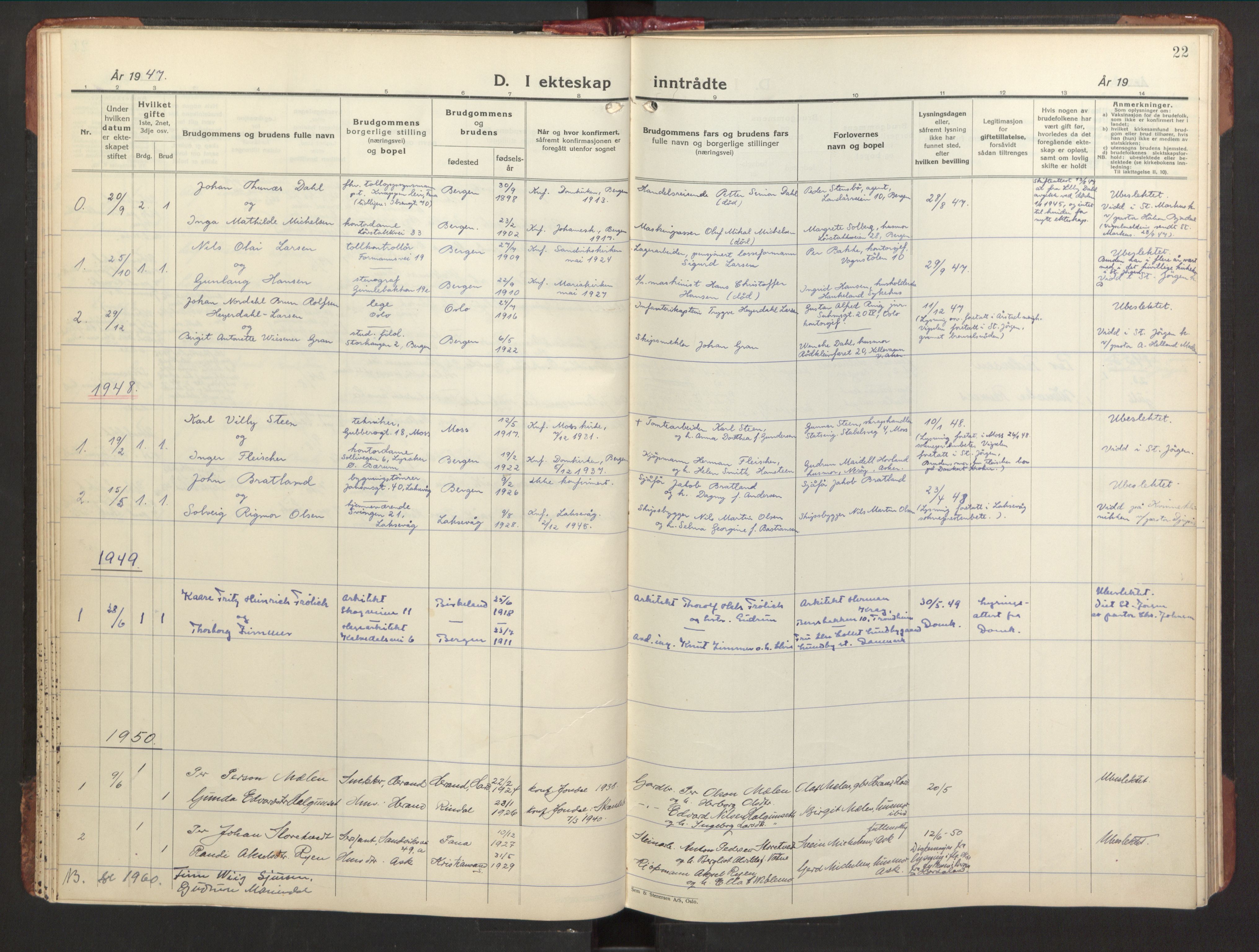 St. Jørgens hospital og Årstad sokneprestembete, AV/SAB-A-99934: Parish register (official) no. A 15, 1936-1953, p. 22