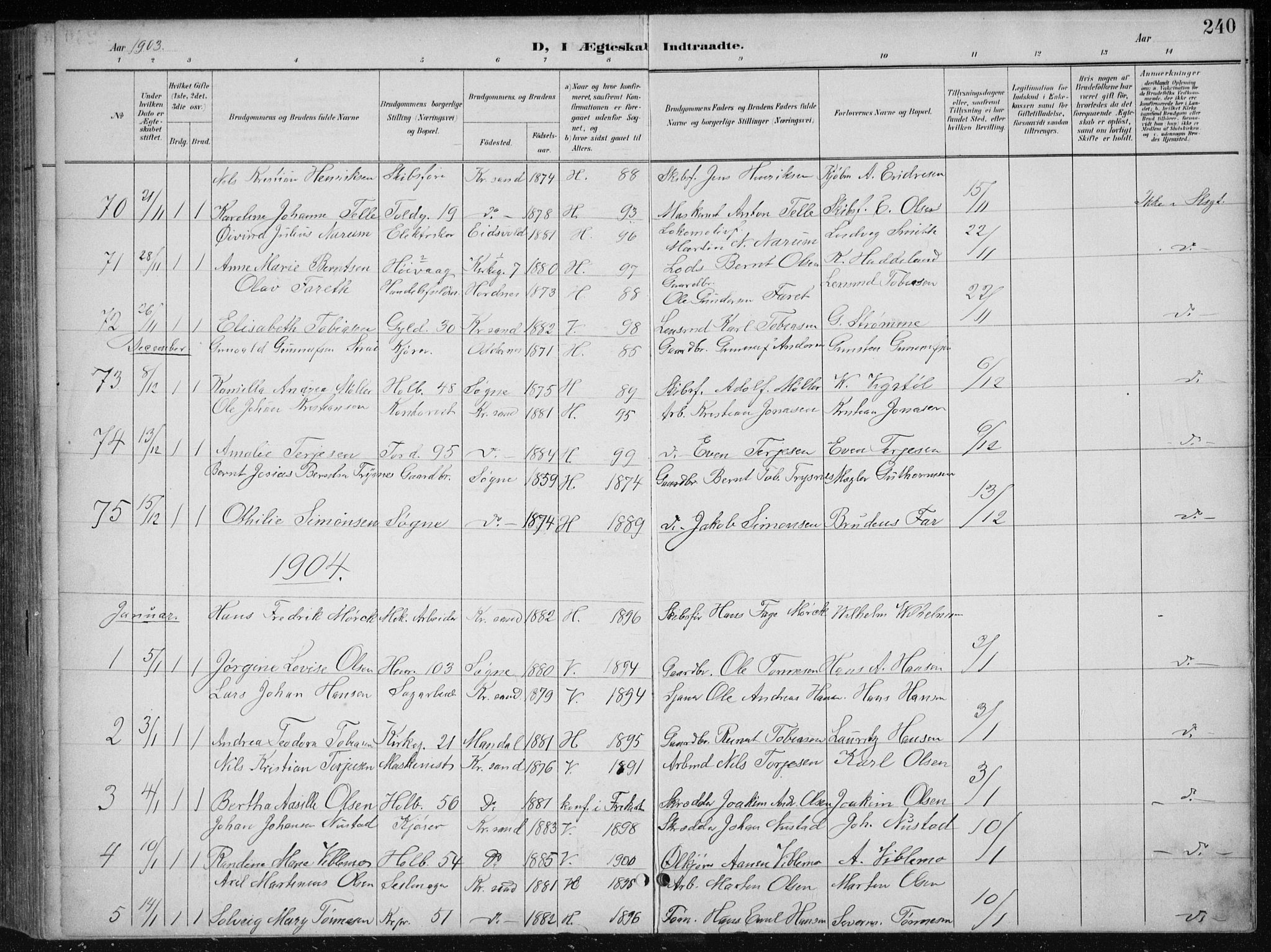 Kristiansand domprosti, SAK/1112-0006/F/Fb/L0018: Parish register (copy) no. B 18, 1896-1905, p. 240