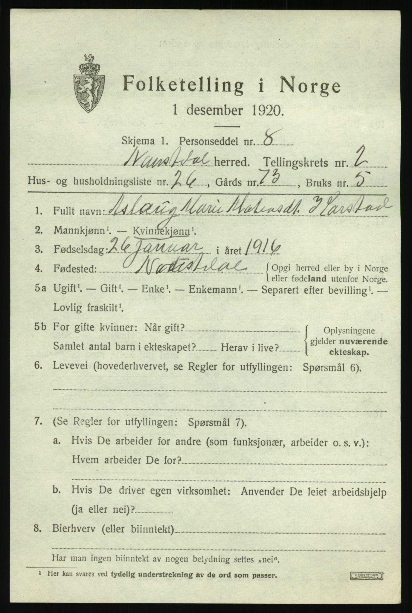SAB, 1920 census for Naustdal, 1920, p. 1561