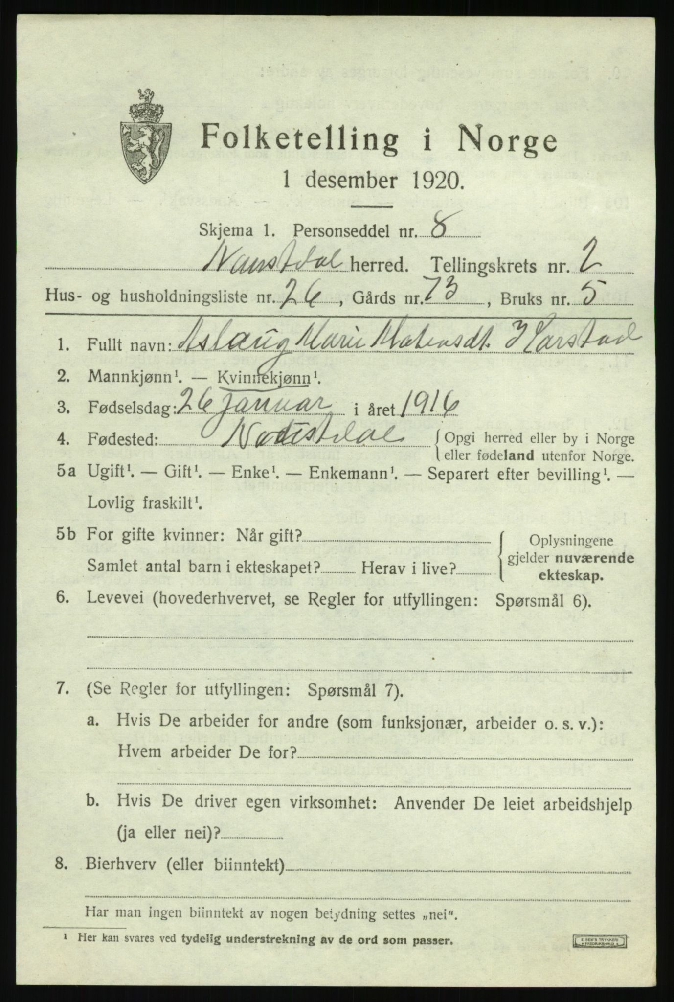 SAB, 1920 census for Naustdal, 1920, p. 1561