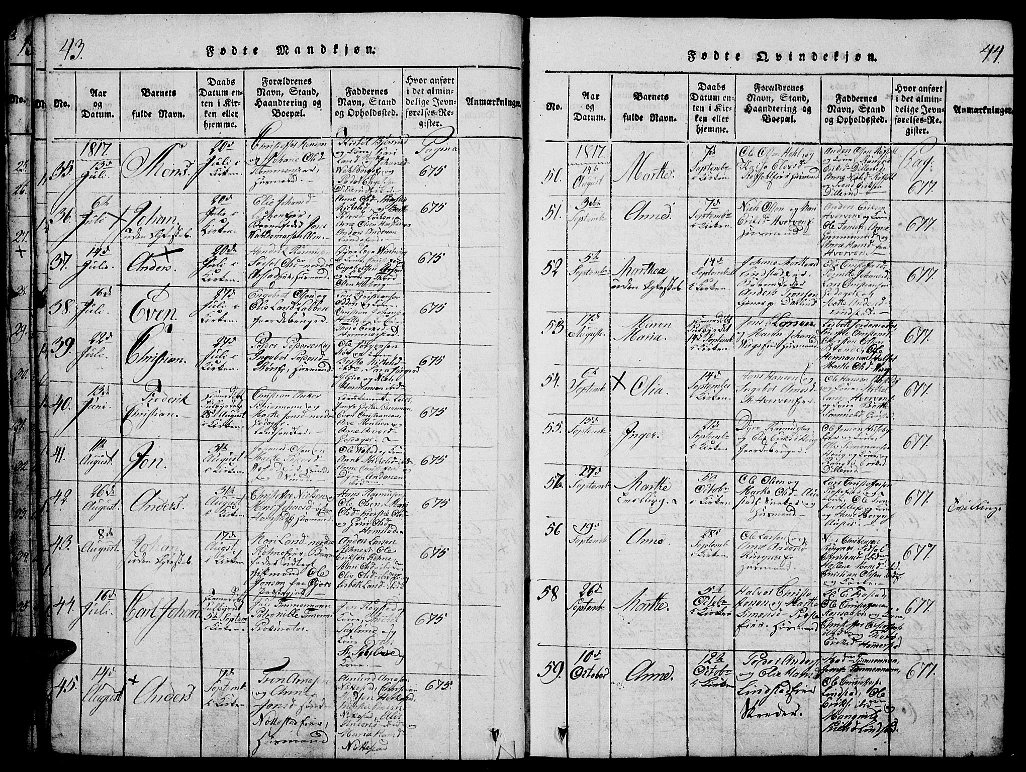Stange prestekontor, SAH/PREST-002/K/L0008: Parish register (official) no. 8, 1814-1825, p. 43-44