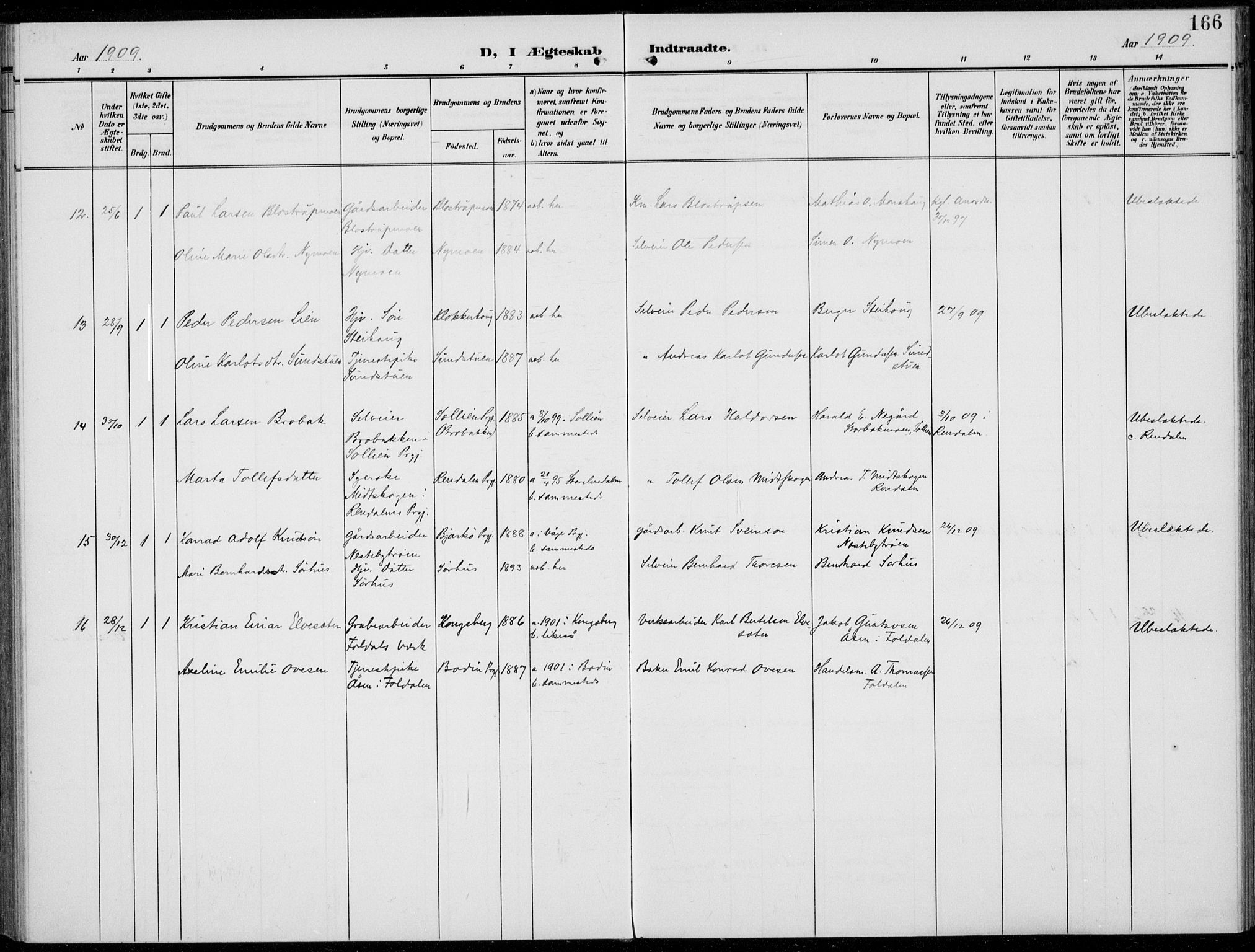 Alvdal prestekontor, AV/SAH-PREST-060/H/Ha/Haa/L0004: Parish register (official) no. 4, 1907-1919, p. 166