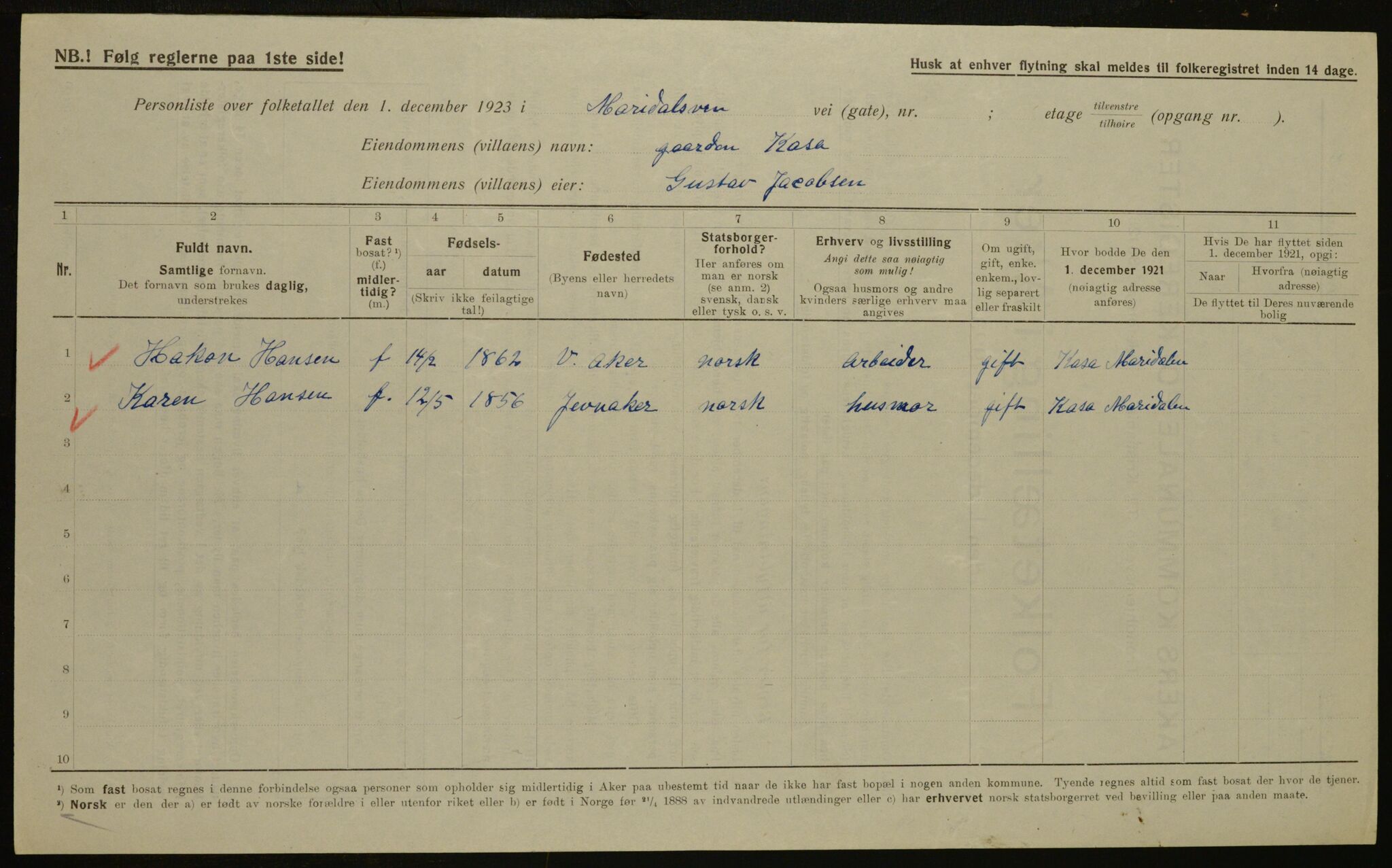 , Municipal Census 1923 for Aker, 1923, p. 15285