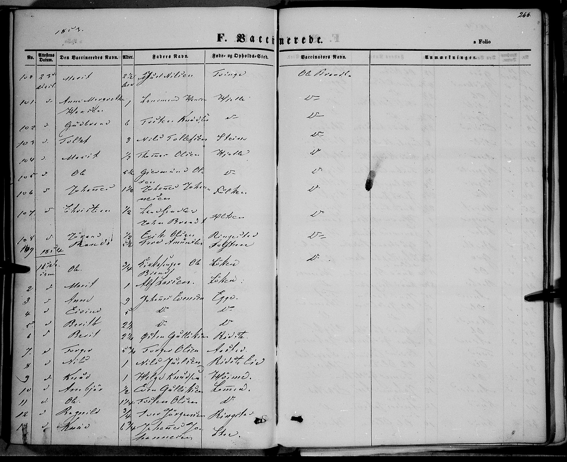 Vestre Slidre prestekontor, SAH/PREST-136/H/Ha/Haa/L0001: Parish register (official) no. 1, 1844-1855, p. 266