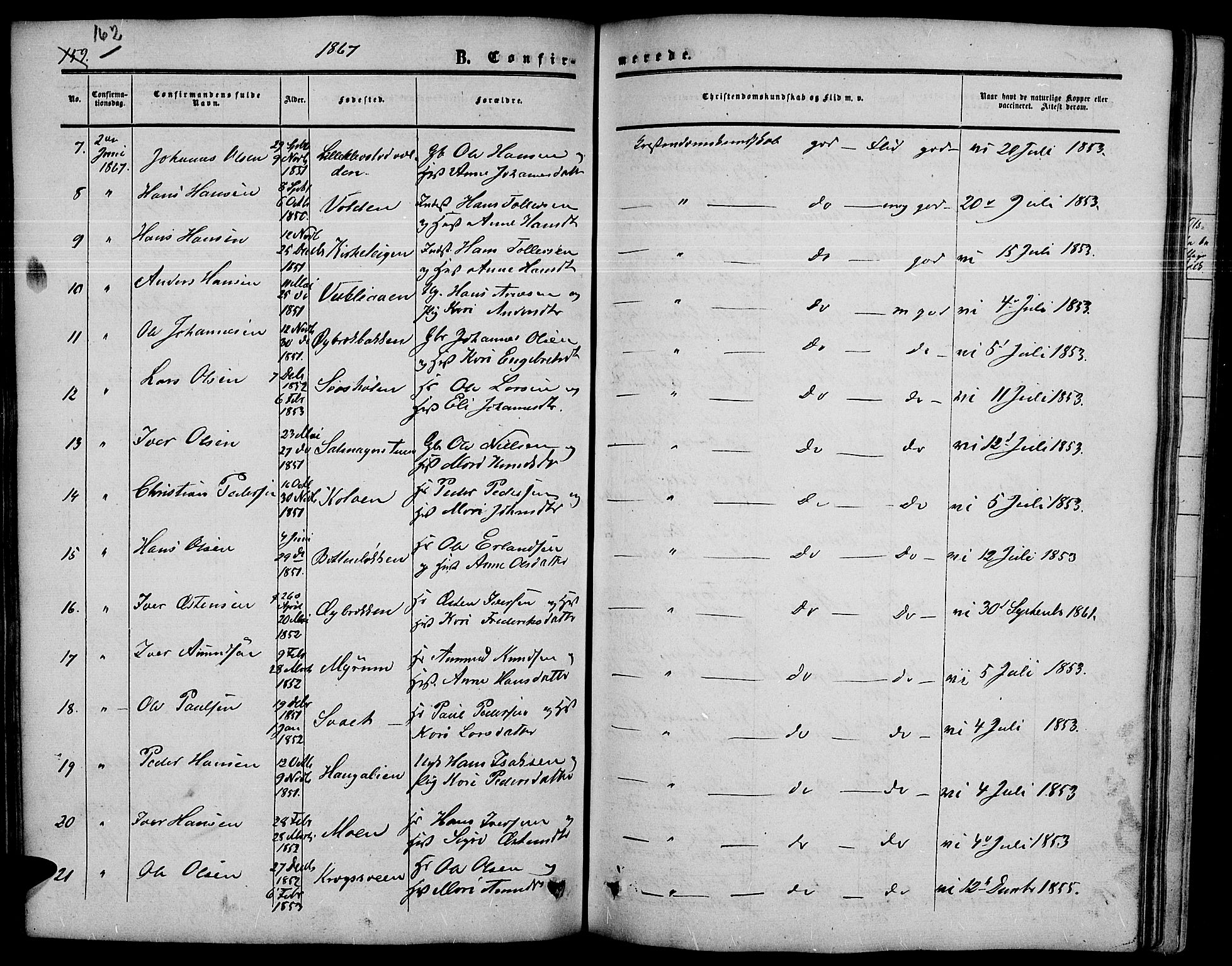 Nord-Fron prestekontor, SAH/PREST-080/H/Ha/Hab/L0003: Parish register (copy) no. 3, 1851-1886, p. 162