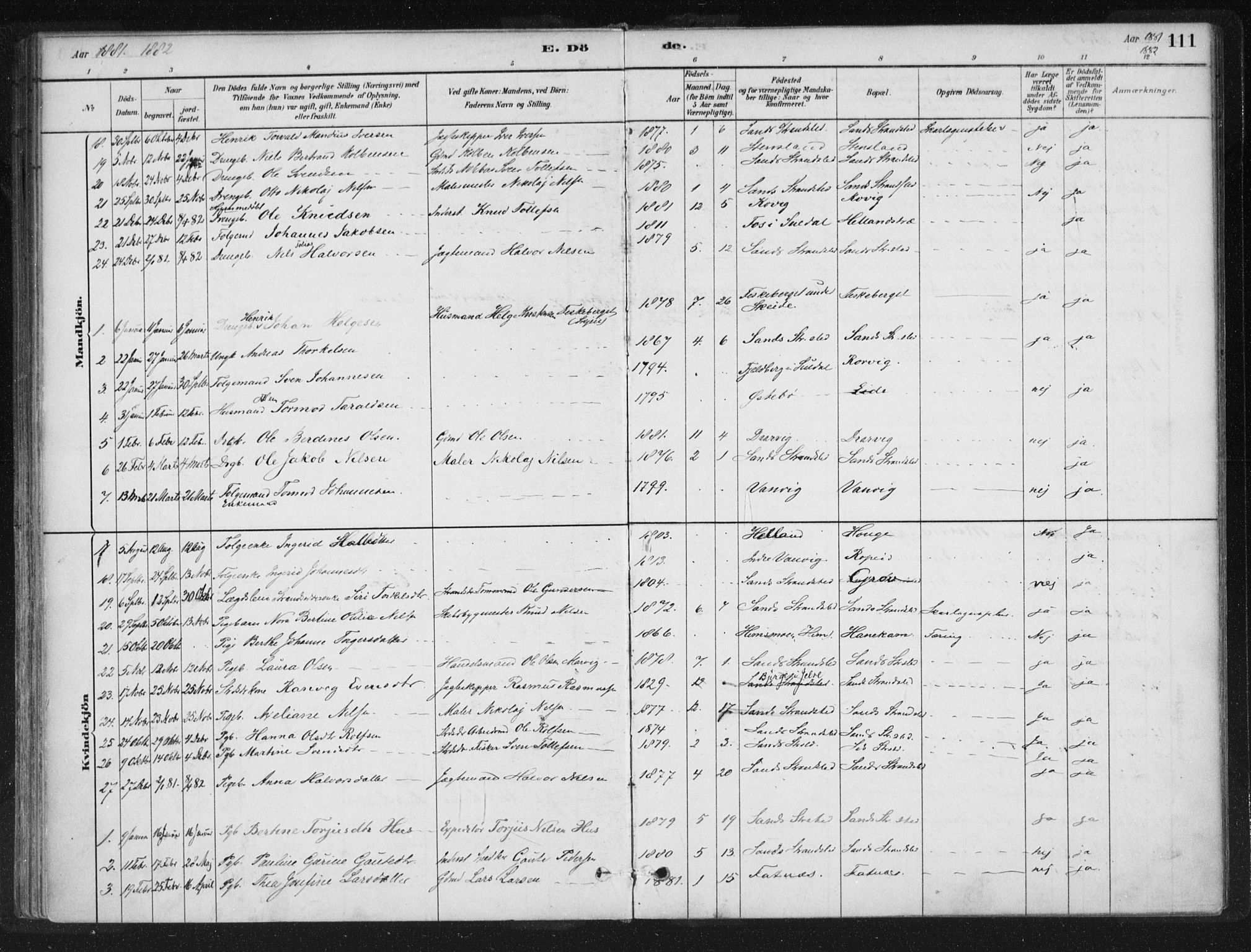 Sand sokneprestkontor, SAST/A-101848/01/III/L0005: Parish register (official) no. A 5, 1880-1898, p. 111