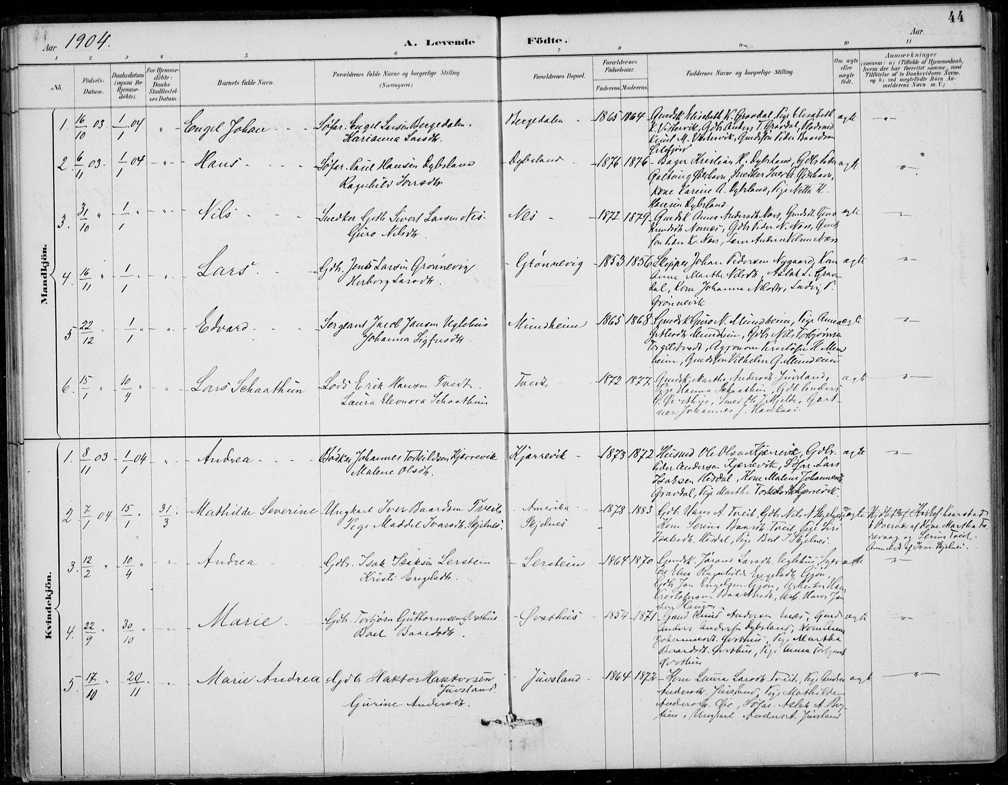Strandebarm sokneprestembete, SAB/A-78401/H/Haa: Parish register (official) no. D  1, 1886-1912, p. 44
