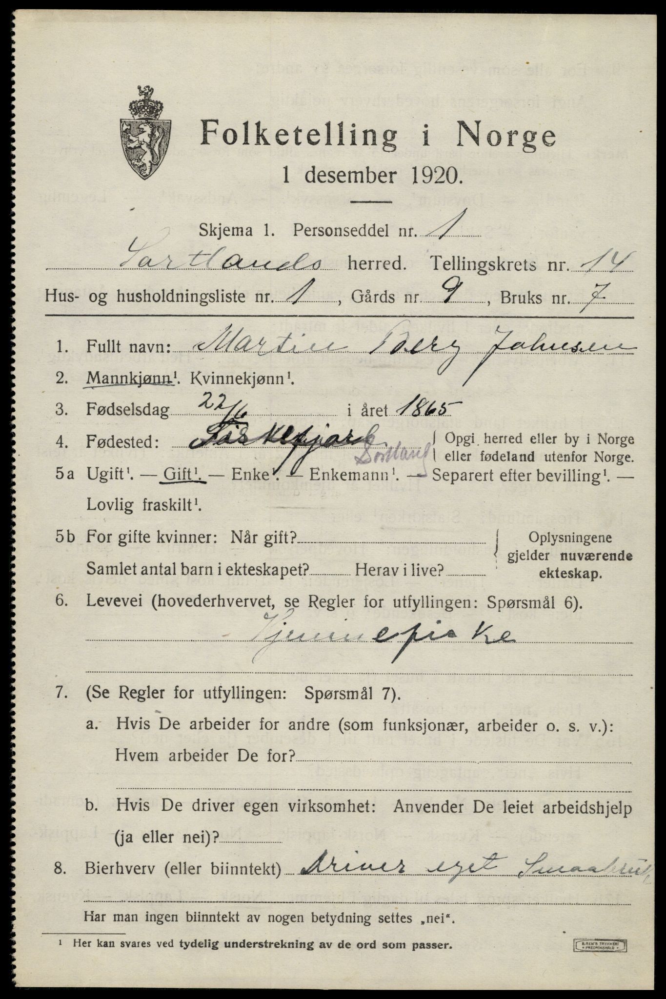 SAT, 1920 census for Sortland, 1920, p. 10868