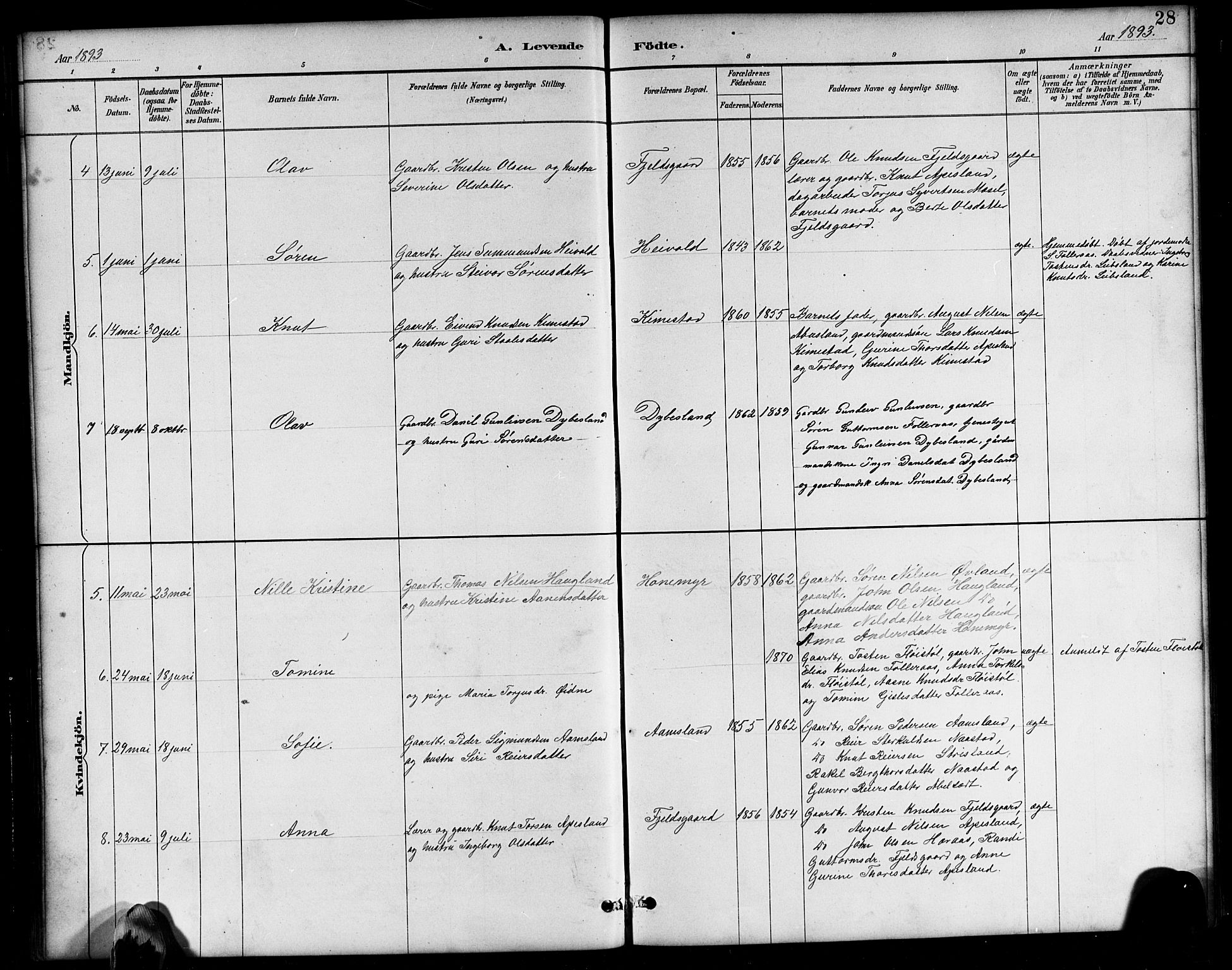 Bjelland sokneprestkontor, AV/SAK-1111-0005/F/Fb/Fbb/L0005: Parish register (copy) no. B 5, 1887-1918, p. 28