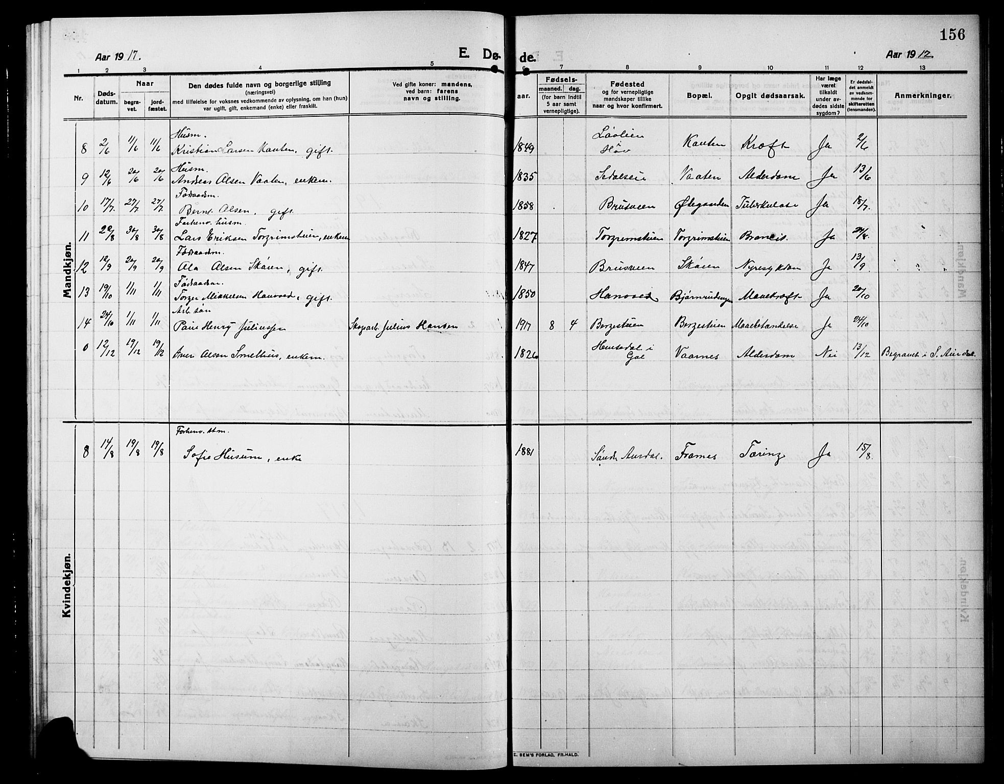 Søndre Land prestekontor, AV/SAH-PREST-122/L/L0006: Parish register (copy) no. 6, 1912-1925, p. 156