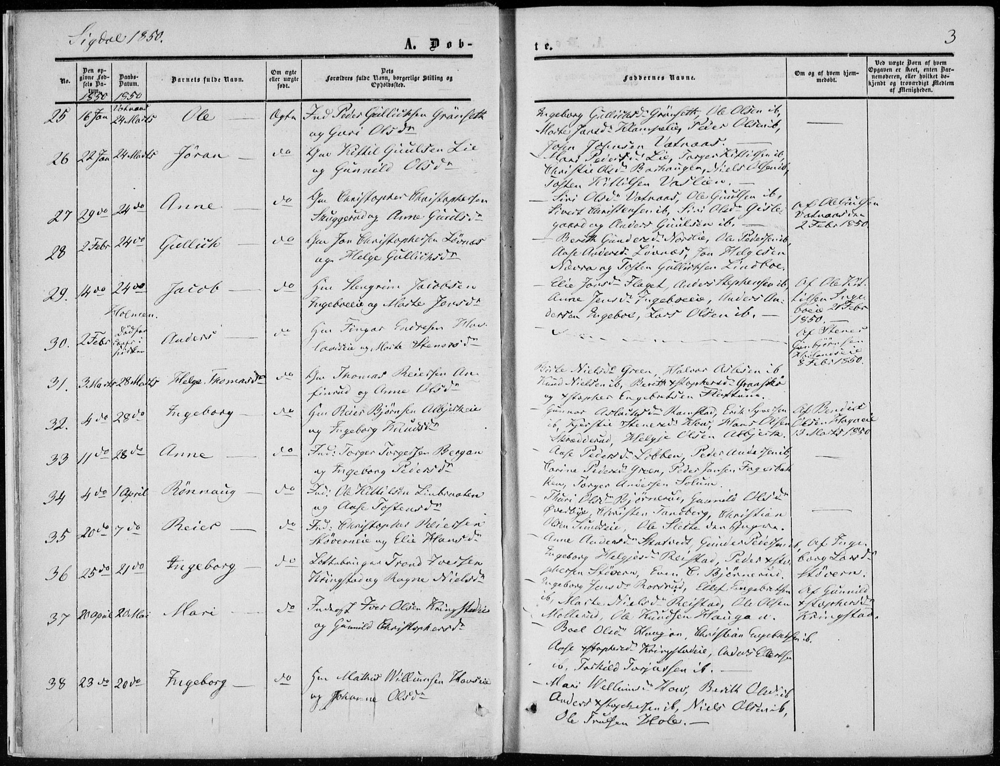 Sigdal kirkebøker, AV/SAKO-A-245/F/Fa/L0008: Parish register (official) no. I 8, 1850-1859, p. 3