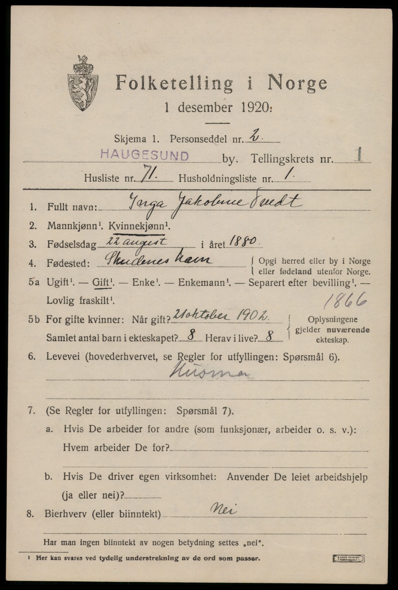 SAST, 1920 census for Haugesund, 1920, p. 12611