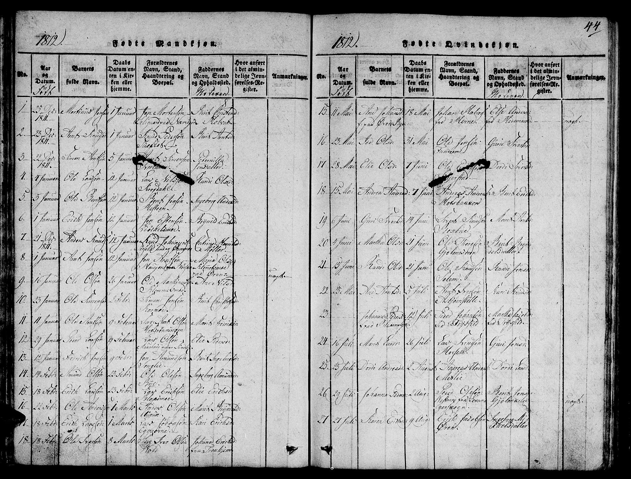 Ministerialprotokoller, klokkerbøker og fødselsregistre - Sør-Trøndelag, SAT/A-1456/668/L0803: Parish register (official) no. 668A03, 1800-1826, p. 44