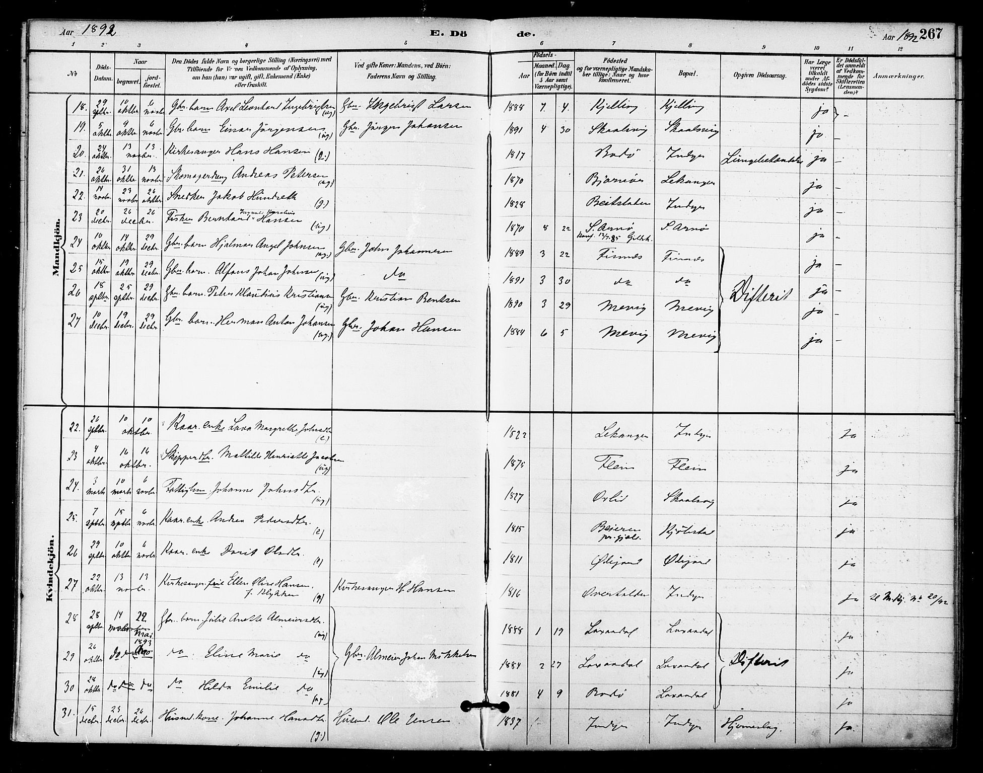 Ministerialprotokoller, klokkerbøker og fødselsregistre - Nordland, AV/SAT-A-1459/805/L0101: Parish register (official) no. 805A07, 1892-1899, p. 267