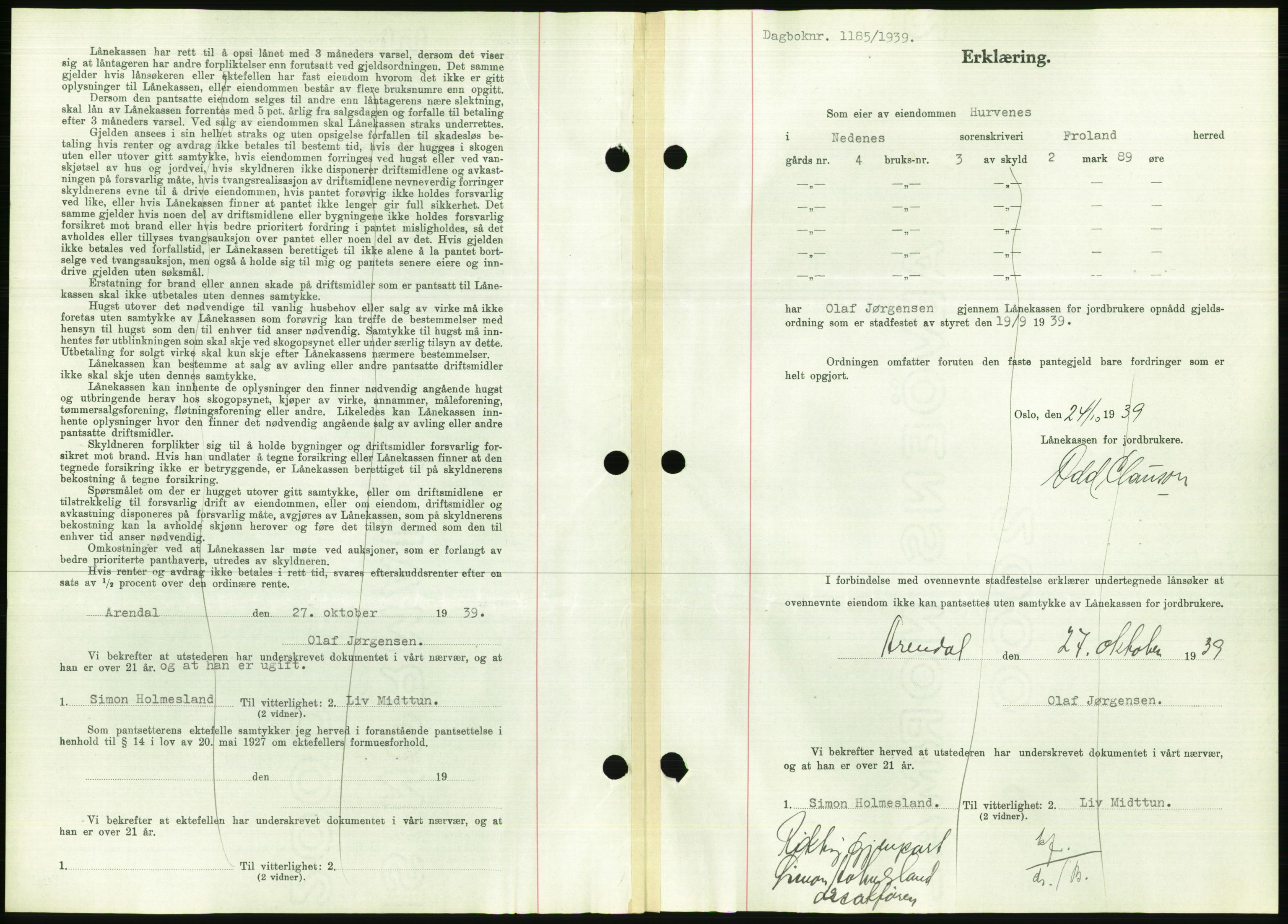 Nedenes sorenskriveri, AV/SAK-1221-0006/G/Gb/Gbb/L0001: Mortgage book no. I, 1939-1942, Diary no: : 1184/1939