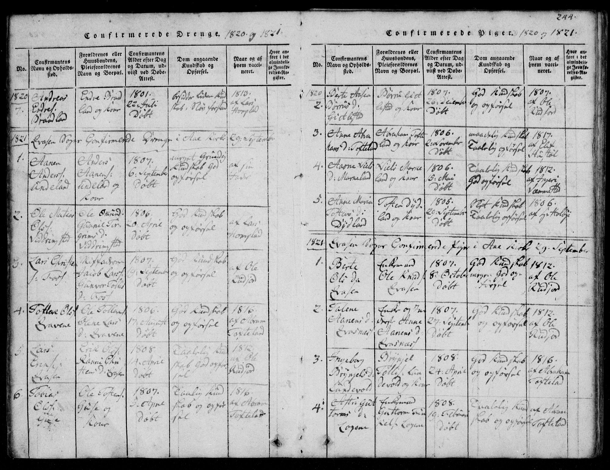 Lyngdal sokneprestkontor, AV/SAK-1111-0029/F/Fb/Fbb/L0001: Parish register (copy) no. B 1, 1816-1900, p. 244