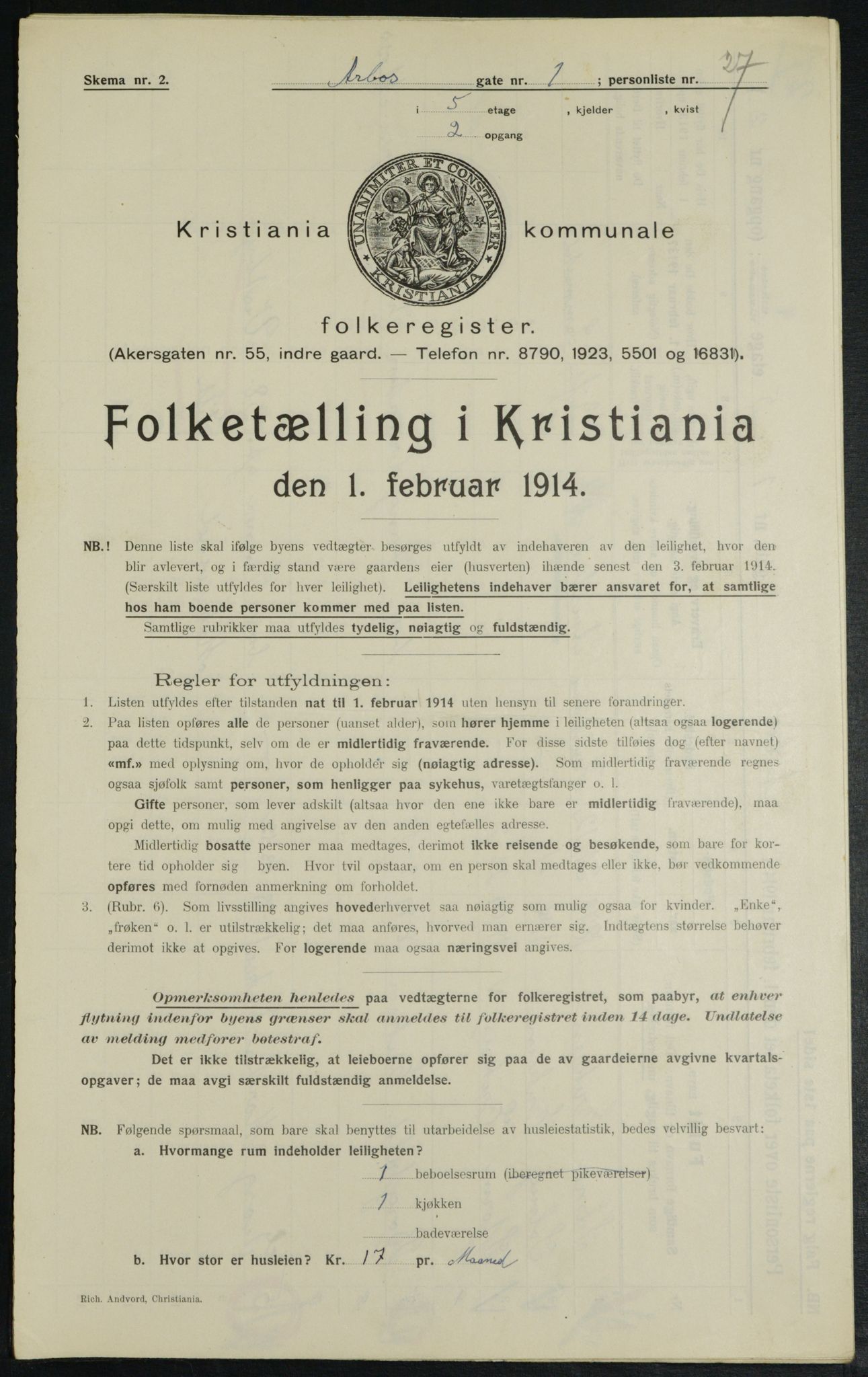 OBA, Municipal Census 1914 for Kristiania, 1914, p. 1734