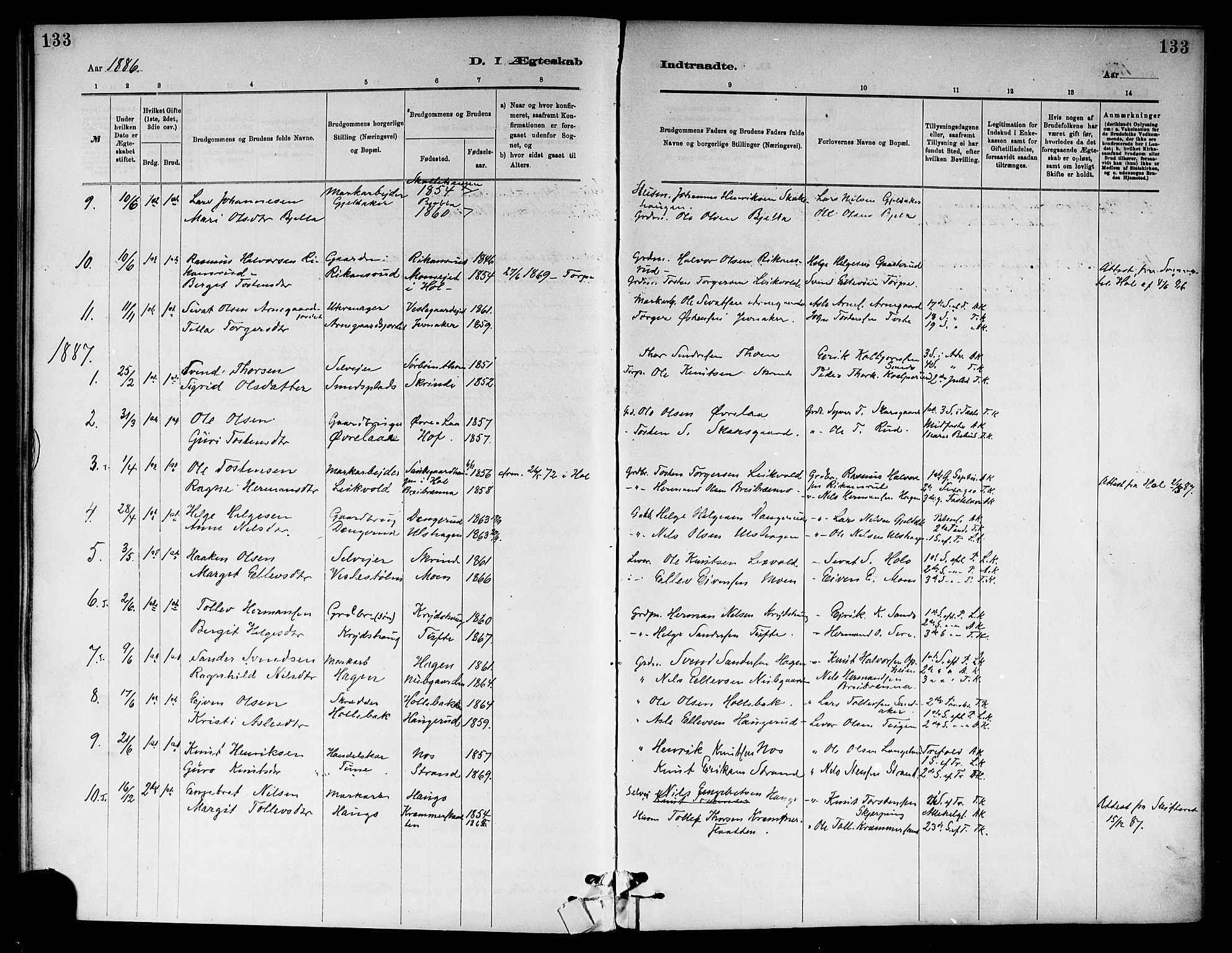Ål kirkebøker, SAKO/A-249/F/Fa/L0008: Parish register (official) no. I 8, 1882-1896, p. 133