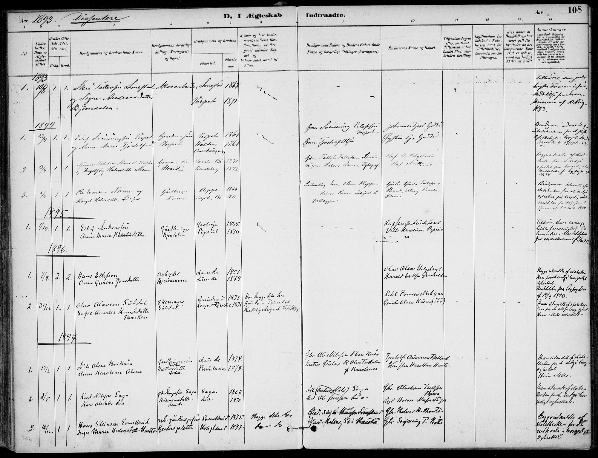 Lunde kirkebøker, SAKO/A-282/F/Fa/L0003: Parish register (official) no. I 3, 1893-1902, p. 108