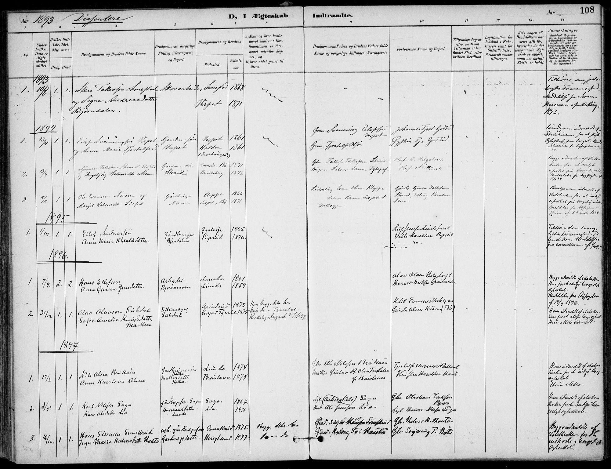 Lunde kirkebøker, AV/SAKO-A-282/F/Fa/L0003: Parish register (official) no. I 3, 1893-1902, p. 108