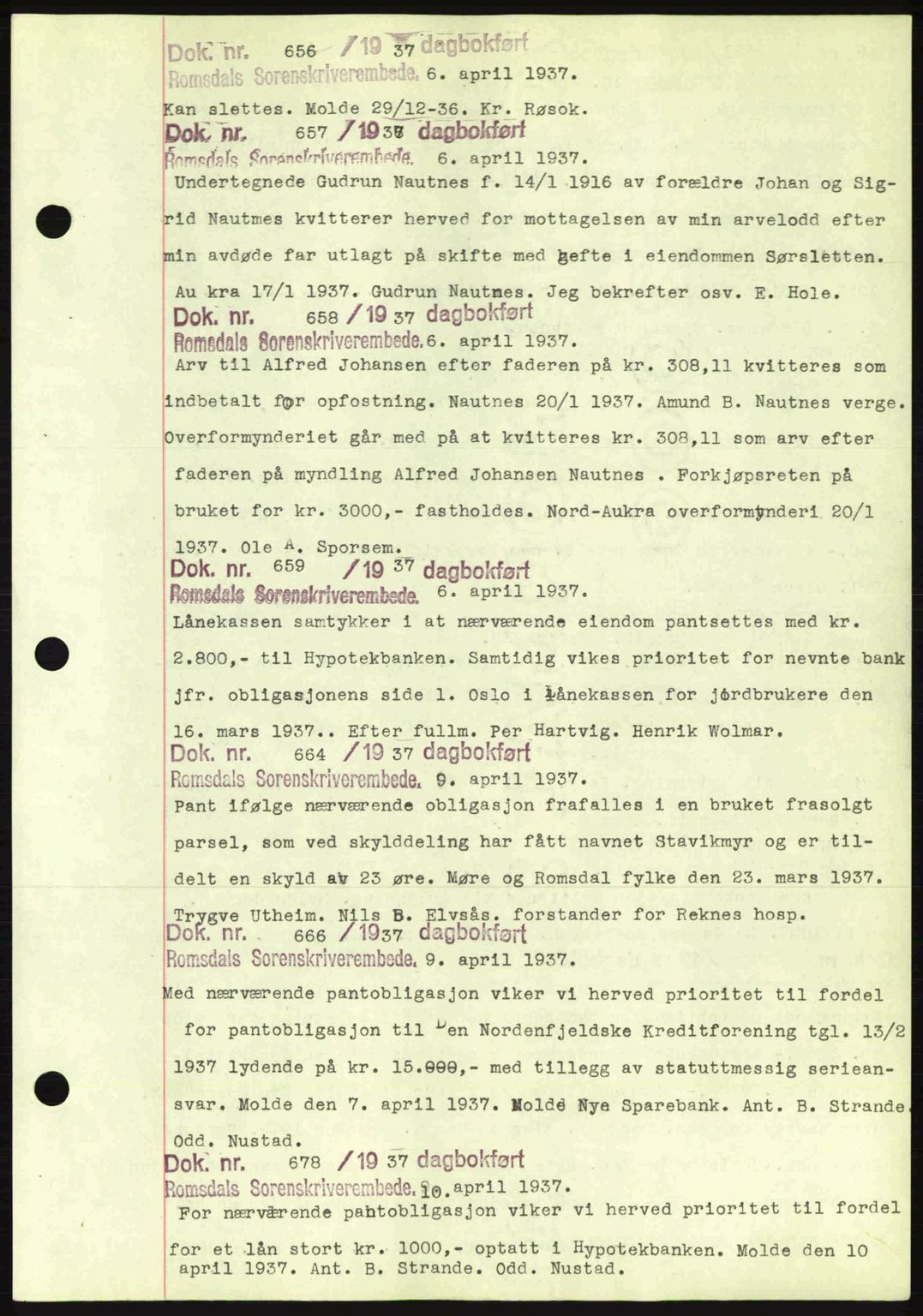 Romsdal sorenskriveri, AV/SAT-A-4149/1/2/2C: Mortgage book no. C1a, 1936-1945, Diary no: : 656/1937