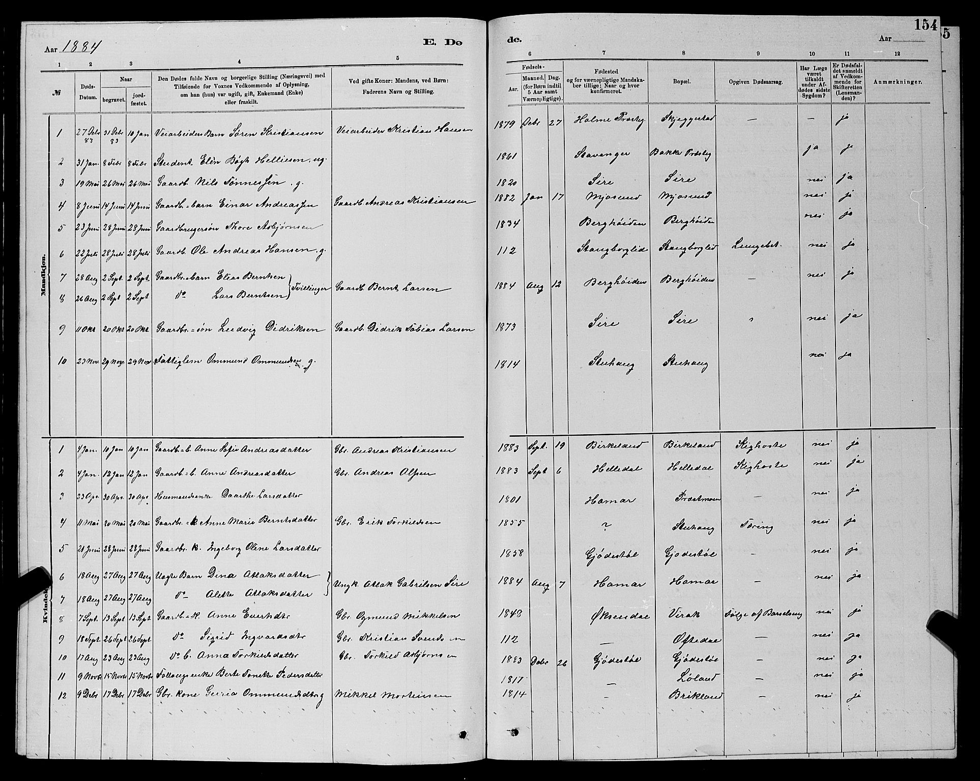 Bakke sokneprestkontor, SAK/1111-0002/F/Fb/Fba/L0002: Parish register (copy) no. B 2, 1879-1893, p. 154