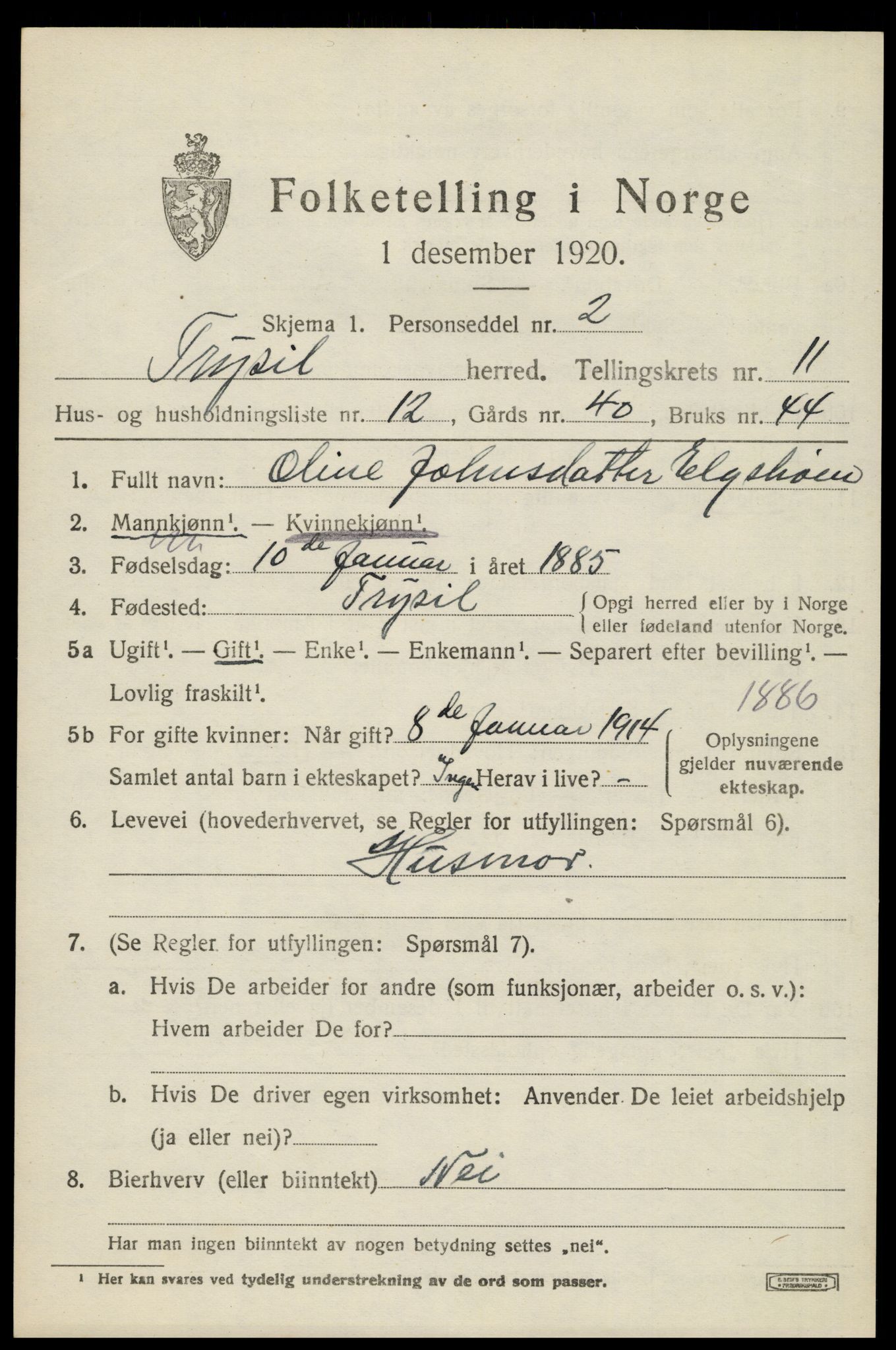 SAH, 1920 census for Trysil, 1920, p. 7099