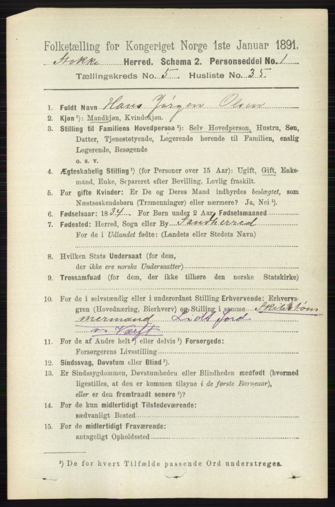 RA, 1891 census for 0720 Stokke, 1891, p. 3279