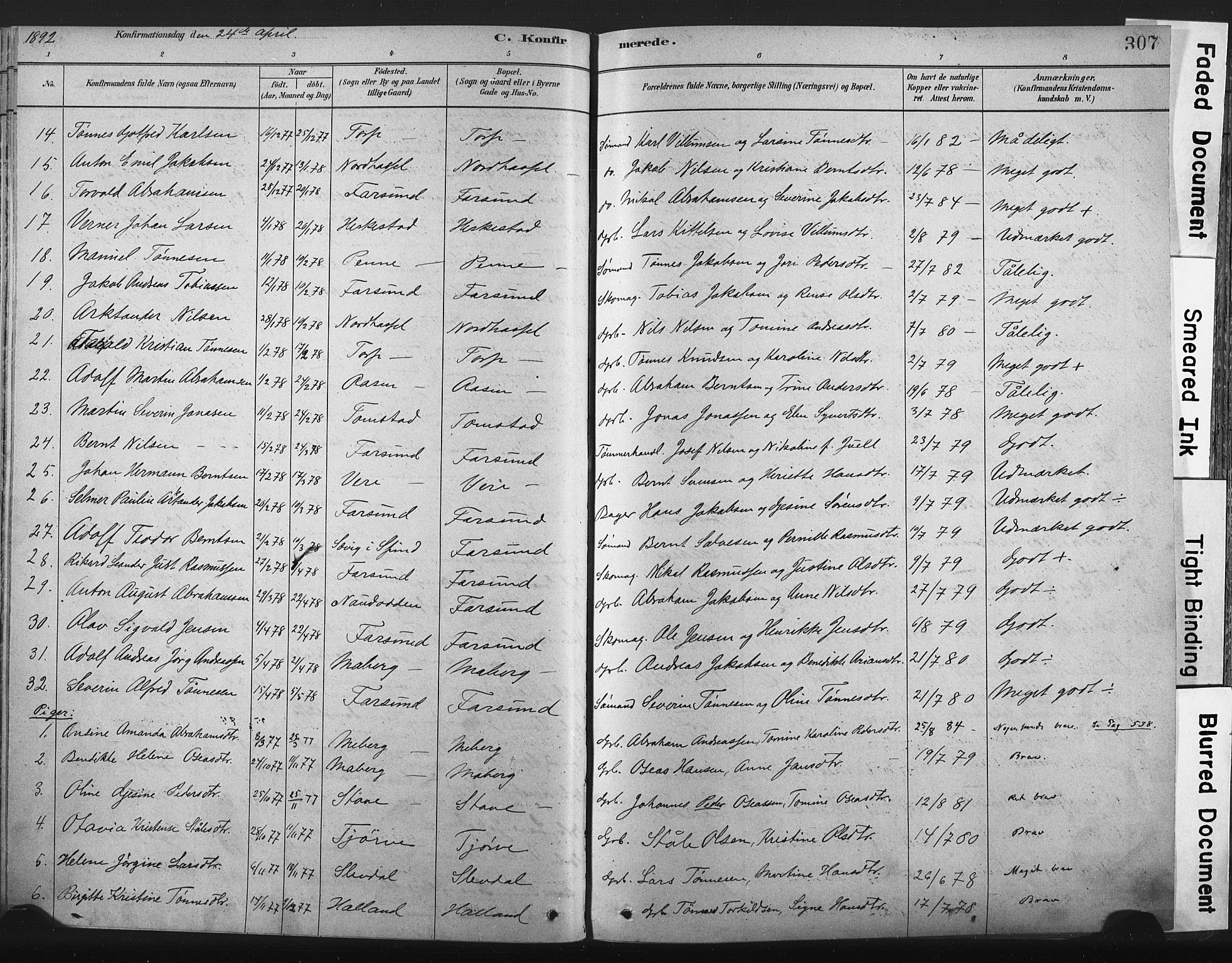 Lista sokneprestkontor, AV/SAK-1111-0027/F/Fa/L0012: Parish register (official) no. A 12, 1879-1903, p. 307