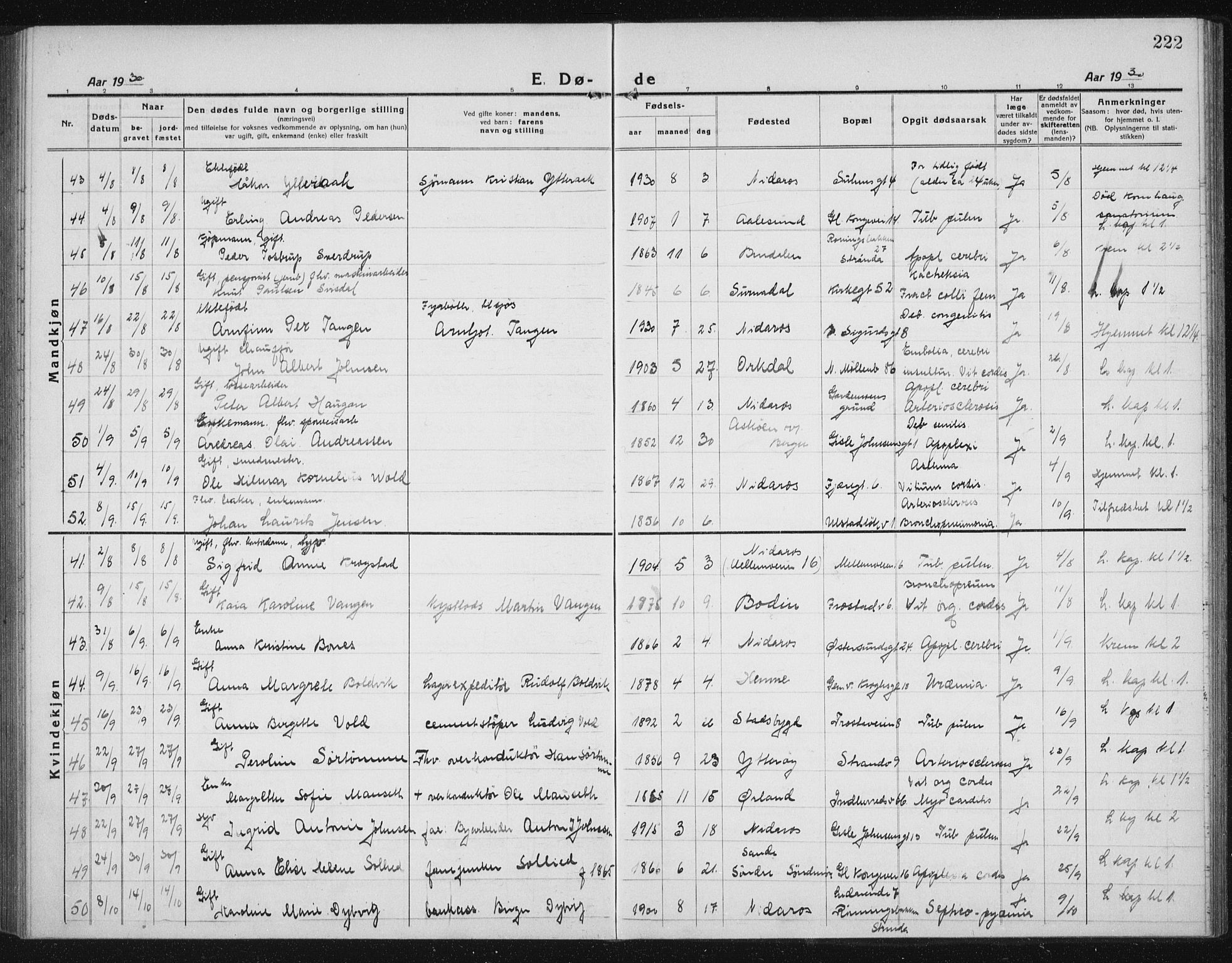 Ministerialprotokoller, klokkerbøker og fødselsregistre - Sør-Trøndelag, AV/SAT-A-1456/605/L0260: Parish register (copy) no. 605C07, 1922-1942, p. 222