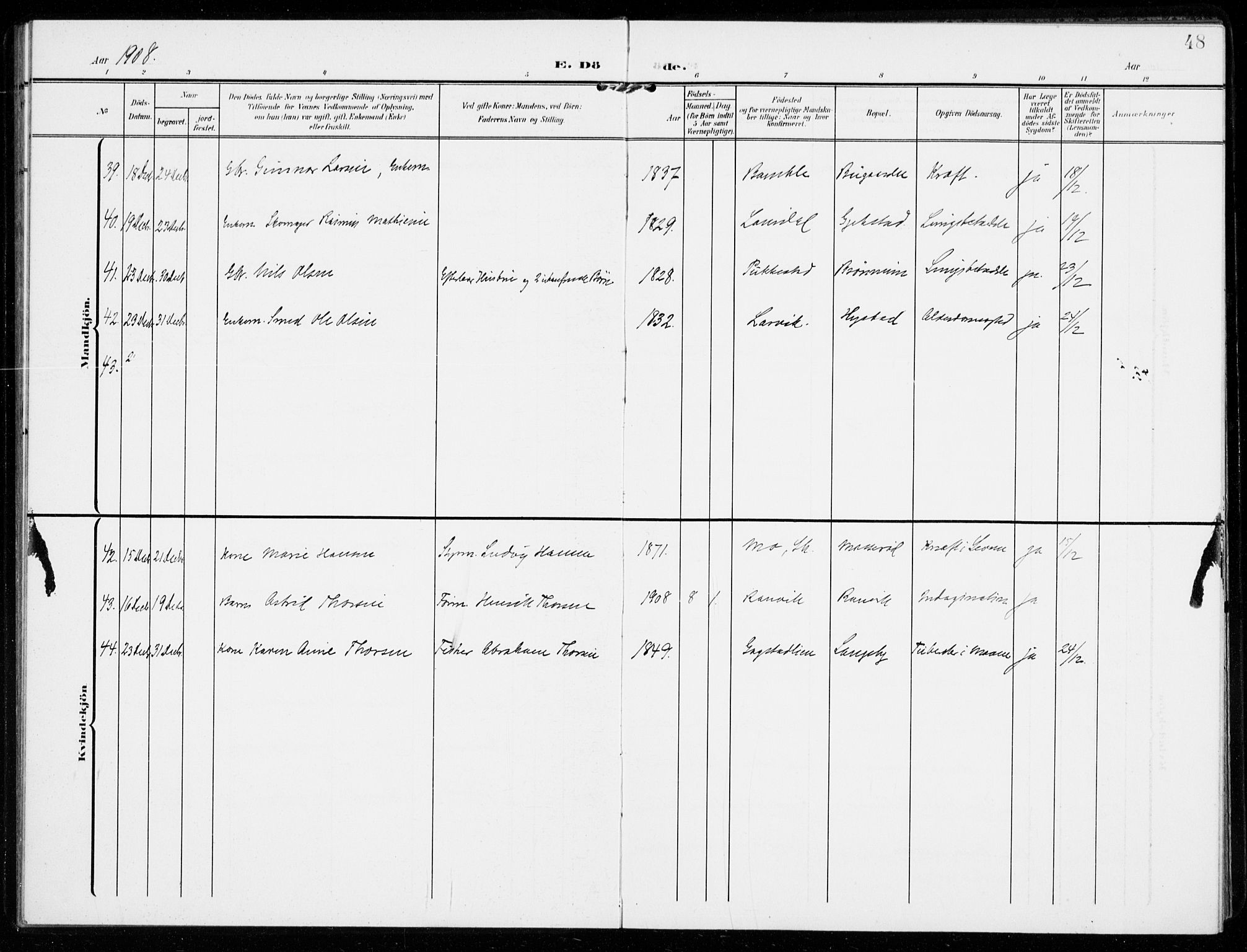 Sandar kirkebøker, AV/SAKO-A-243/F/Fa/L0019: Parish register (official) no. 19, 1908-1914, p. 48