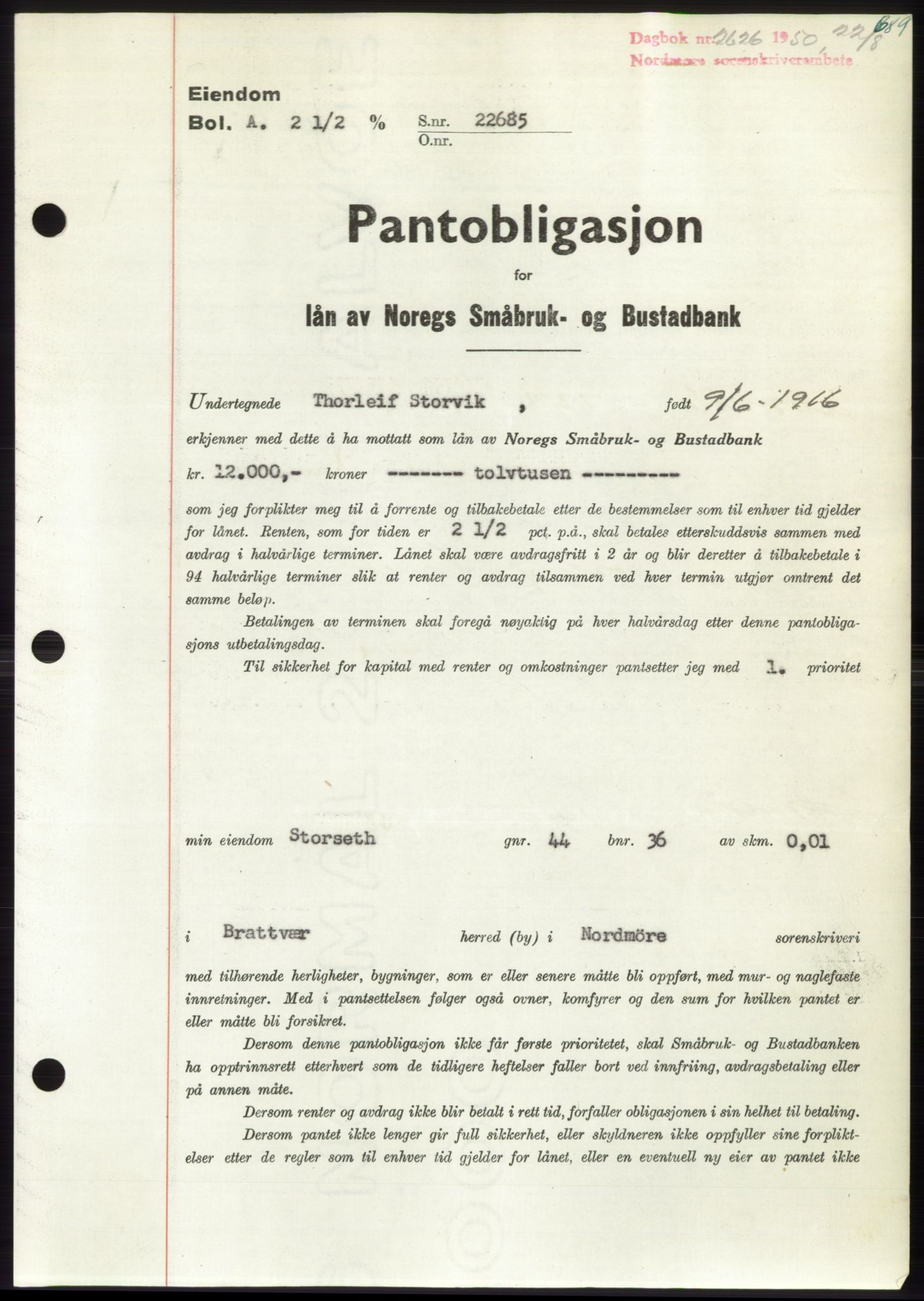 Nordmøre sorenskriveri, AV/SAT-A-4132/1/2/2Ca: Mortgage book no. B105, 1950-1950, Diary no: : 2626/1950