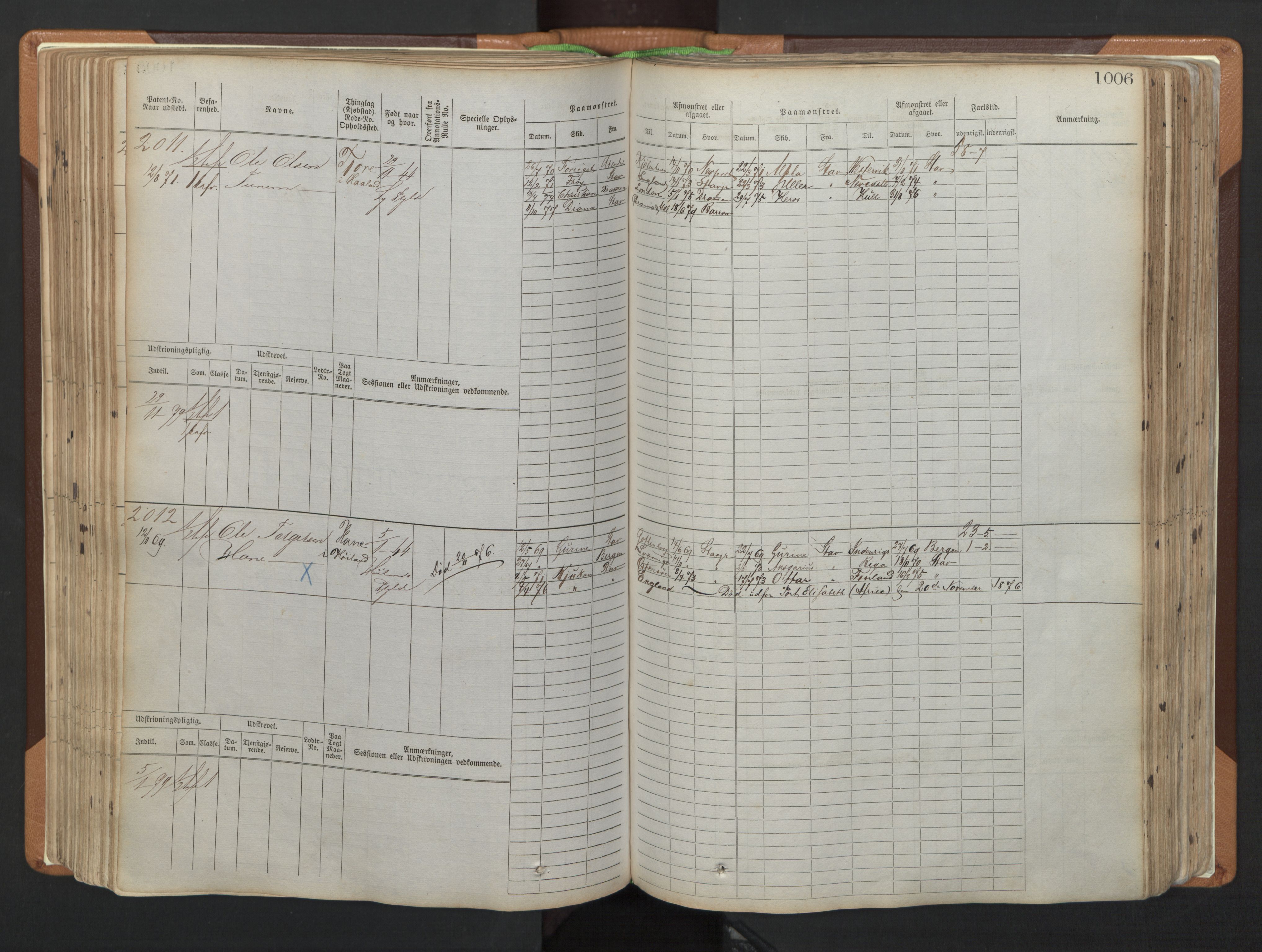 Stavanger sjømannskontor, SAST/A-102006/F/Fb/Fbb/L0006: Sjøfartshovedrulle, patentnr. 1607-2402 (del 3), 1869-1880, p. 206