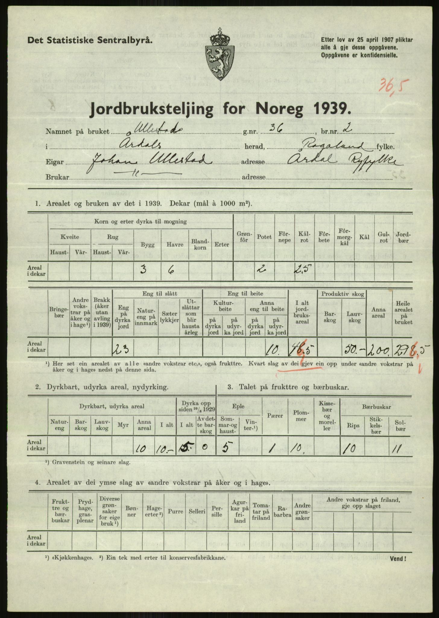 Statistisk sentralbyrå, Næringsøkonomiske emner, Jordbruk, skogbruk, jakt, fiske og fangst, AV/RA-S-2234/G/Gb/L0184: Rogaland: Årdal, Fister og Hjelmeland, 1939, p. 617