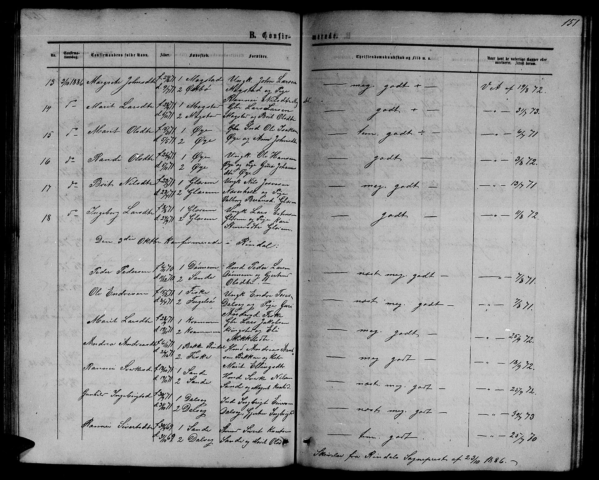 Ministerialprotokoller, klokkerbøker og fødselsregistre - Møre og Romsdal, SAT/A-1454/595/L1051: Parish register (copy) no. 595C03, 1866-1891, p. 151