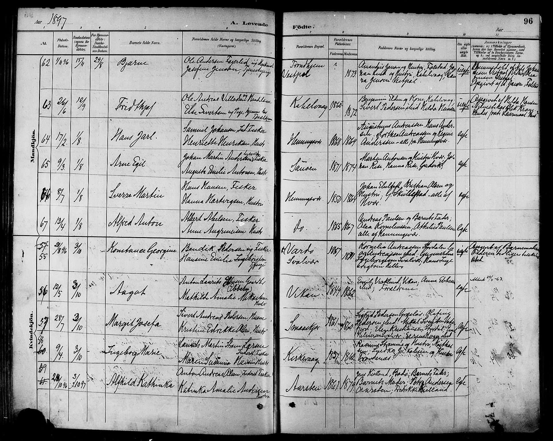 Ministerialprotokoller, klokkerbøker og fødselsregistre - Nordland, AV/SAT-A-1459/874/L1060: Parish register (official) no. 874A04, 1890-1899, p. 96