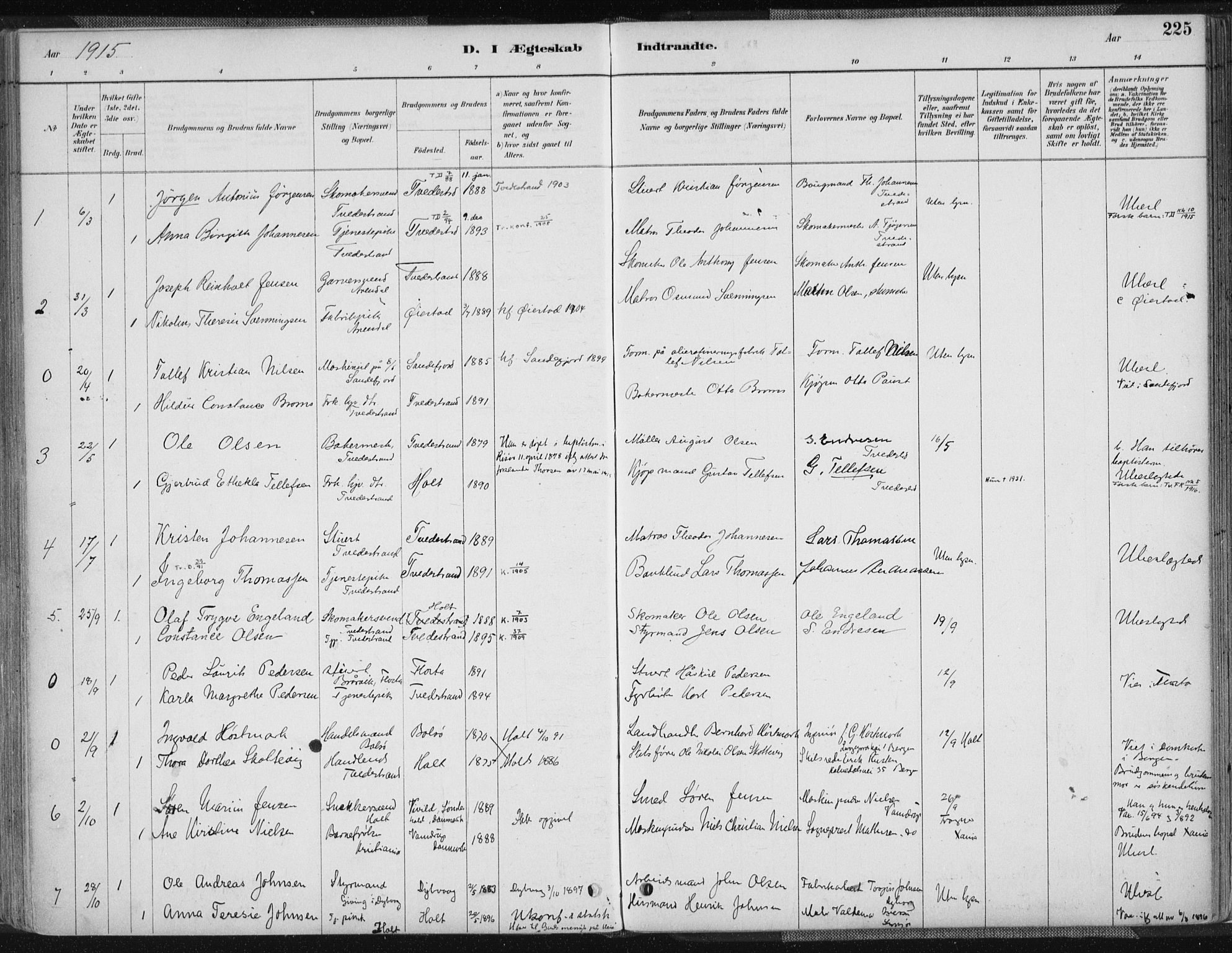 Tvedestrand sokneprestkontor, SAK/1111-0042/F/Fa/L0001: Parish register (official) no. A 1, 1885-1916, p. 225
