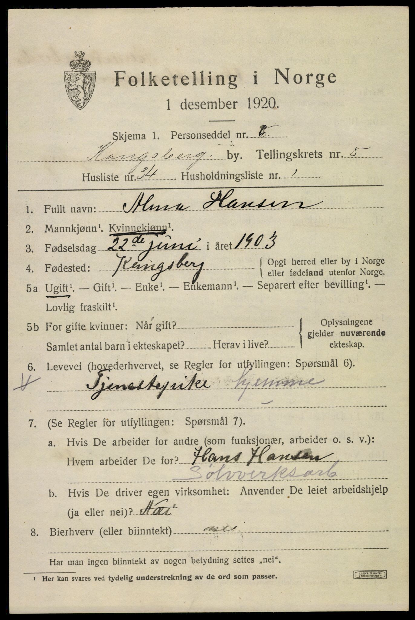 SAKO, 1920 census for Kongsberg, 1920, p. 12940
